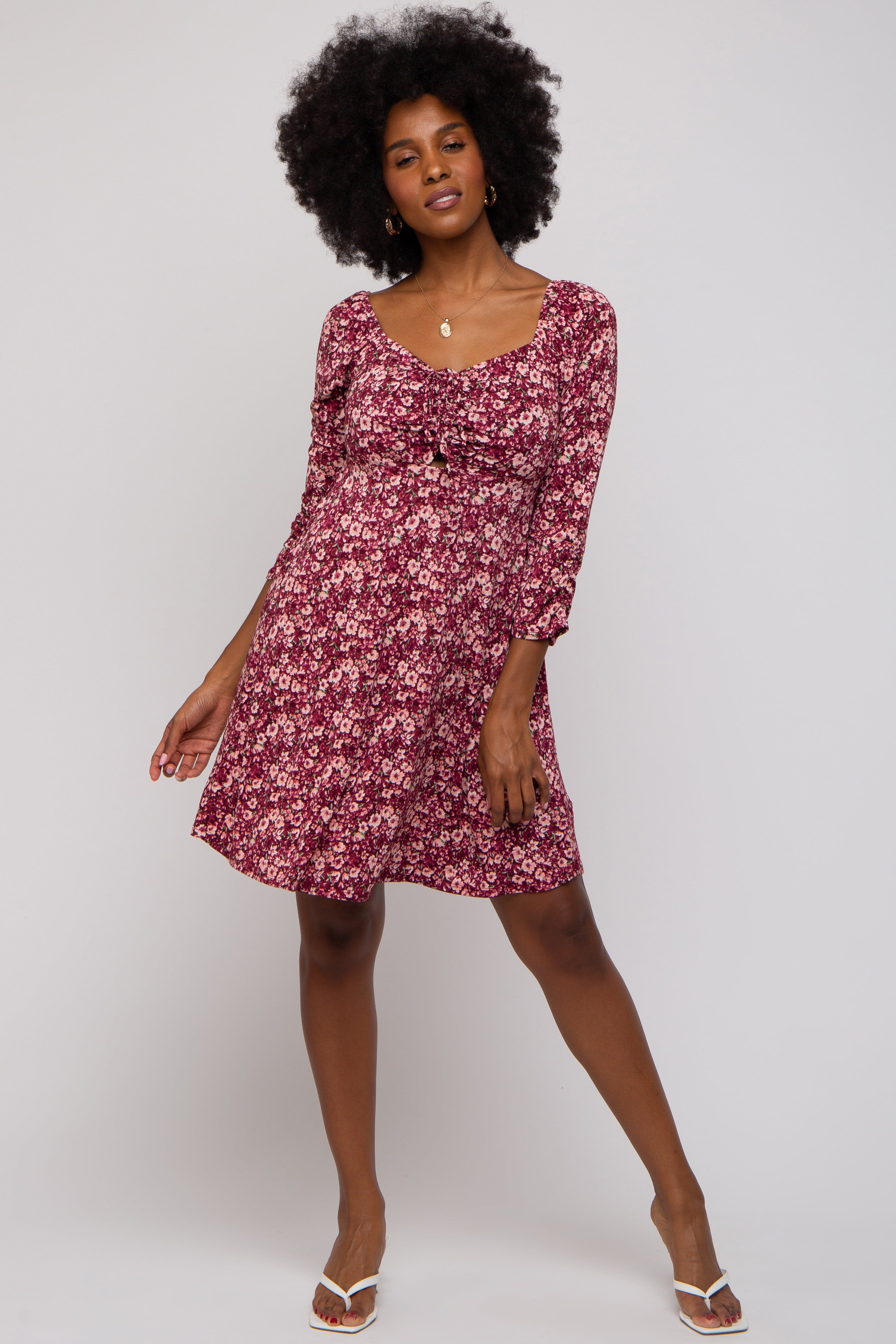 Burgundy Floral Ruched Long Sleeve Dress sold by Pinkblush product image thumbnail 5