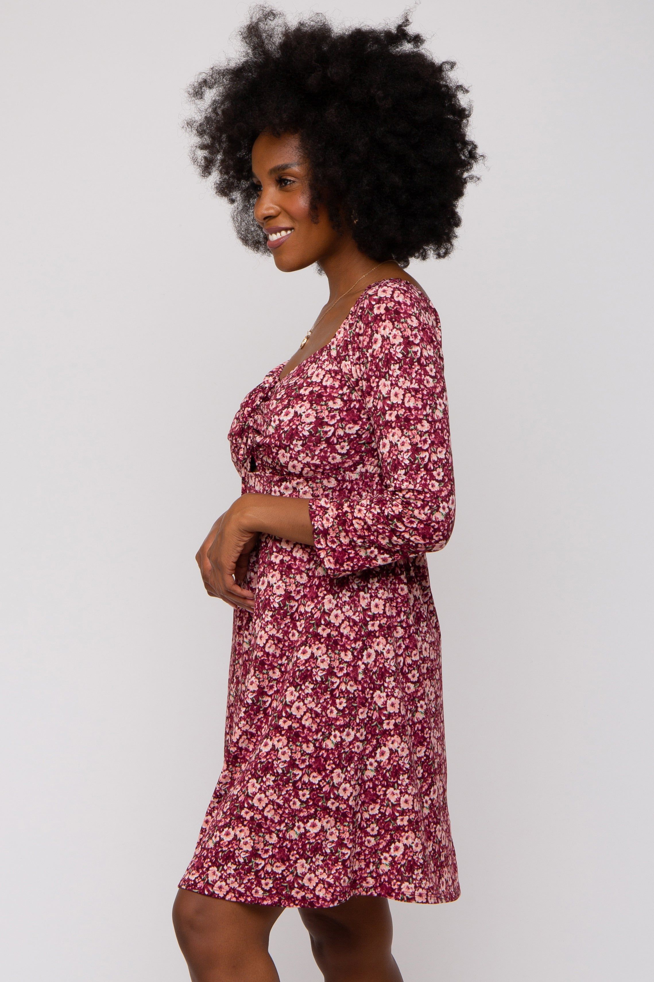 Burgundy Floral Ruched Long Sleeve Dress sold by Pinkblush product image thumbnail 2