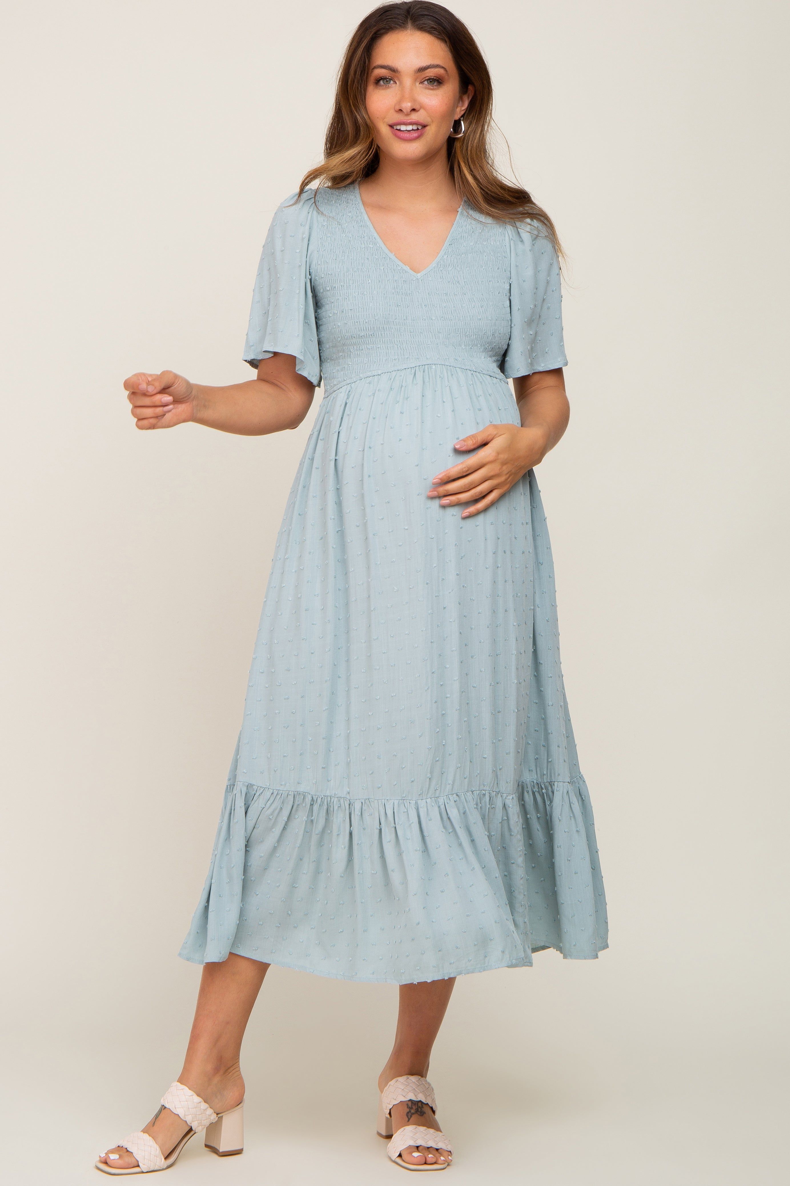 Light Blue Textured Dot Smocked Short Sleeve Maternity Midi Dress sold by Pinkblush product image thumbnail 4
