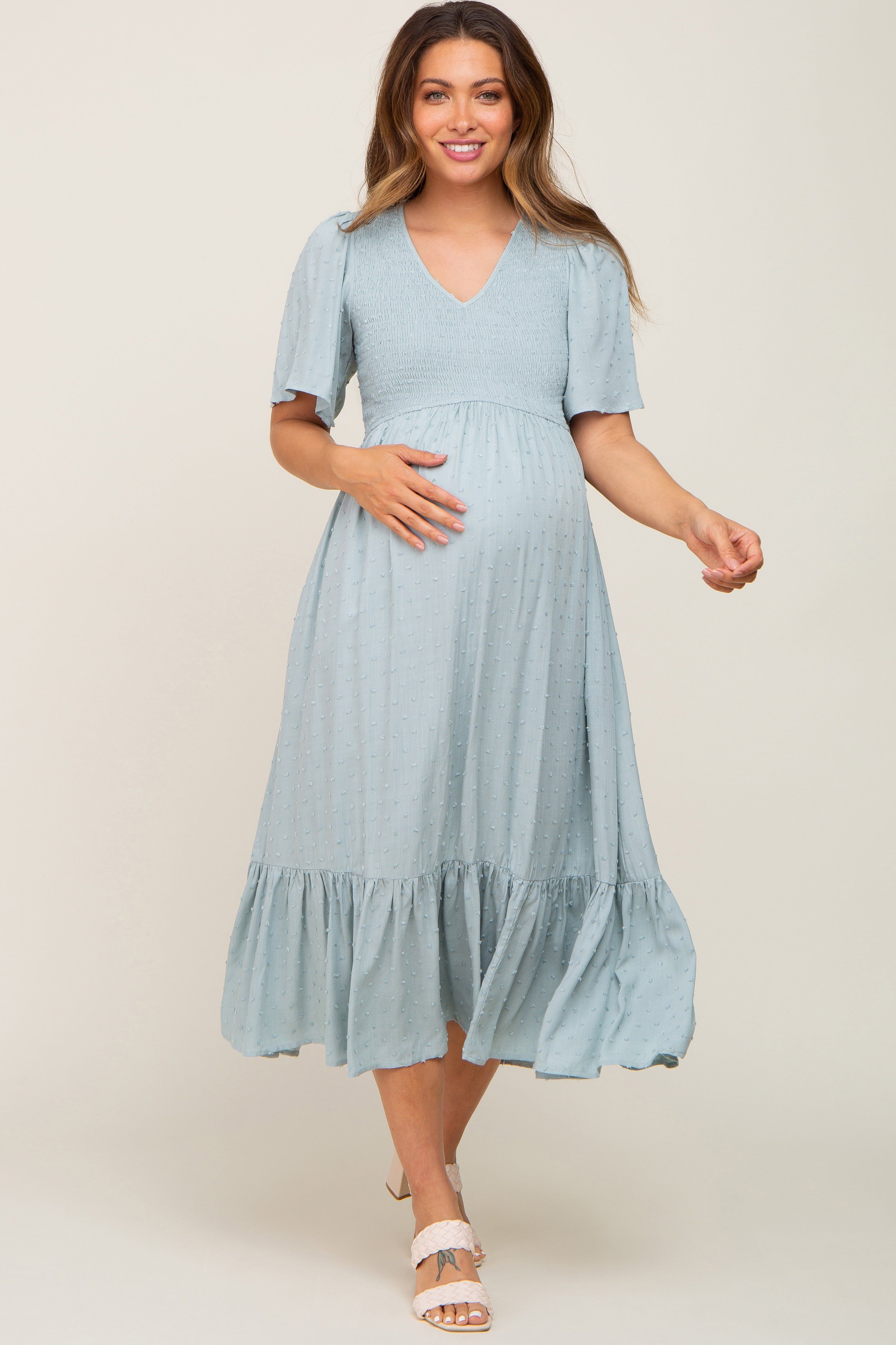 Light Blue Textured Dot Smocked Short Sleeve Maternity Midi Dress sold by Pinkblush