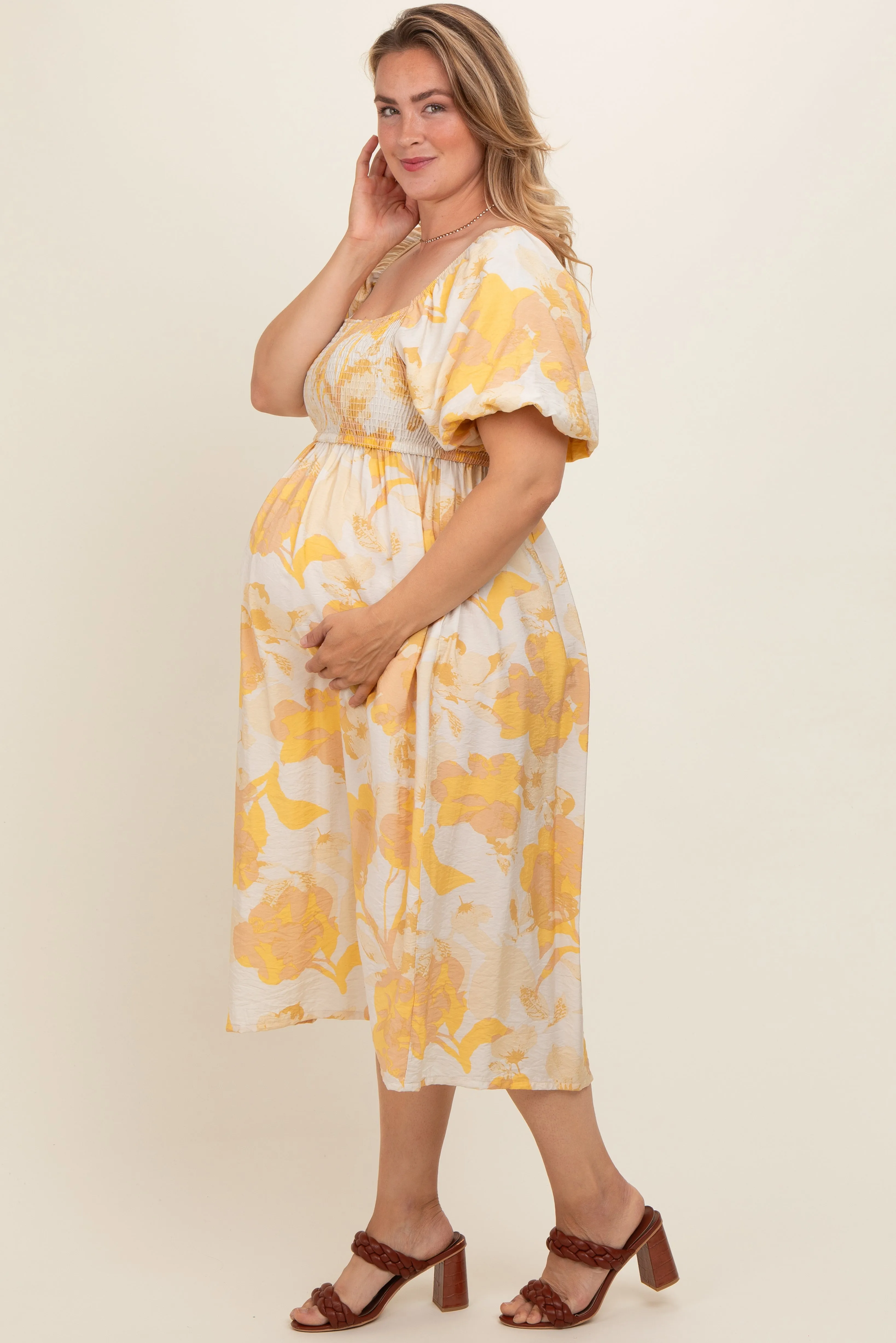 Yellow Floral Square Neck Smocked Short Puff Sleeve Maternity Plus Midi Dress sold by Pinkblush product image thumbnail 3