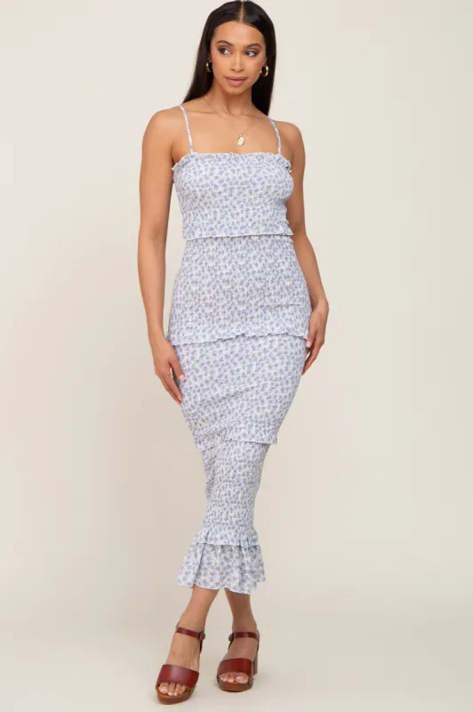 Blue Floral Chiffon Smocked Tiered Square Neck Midi Dress sold by Pinkblush