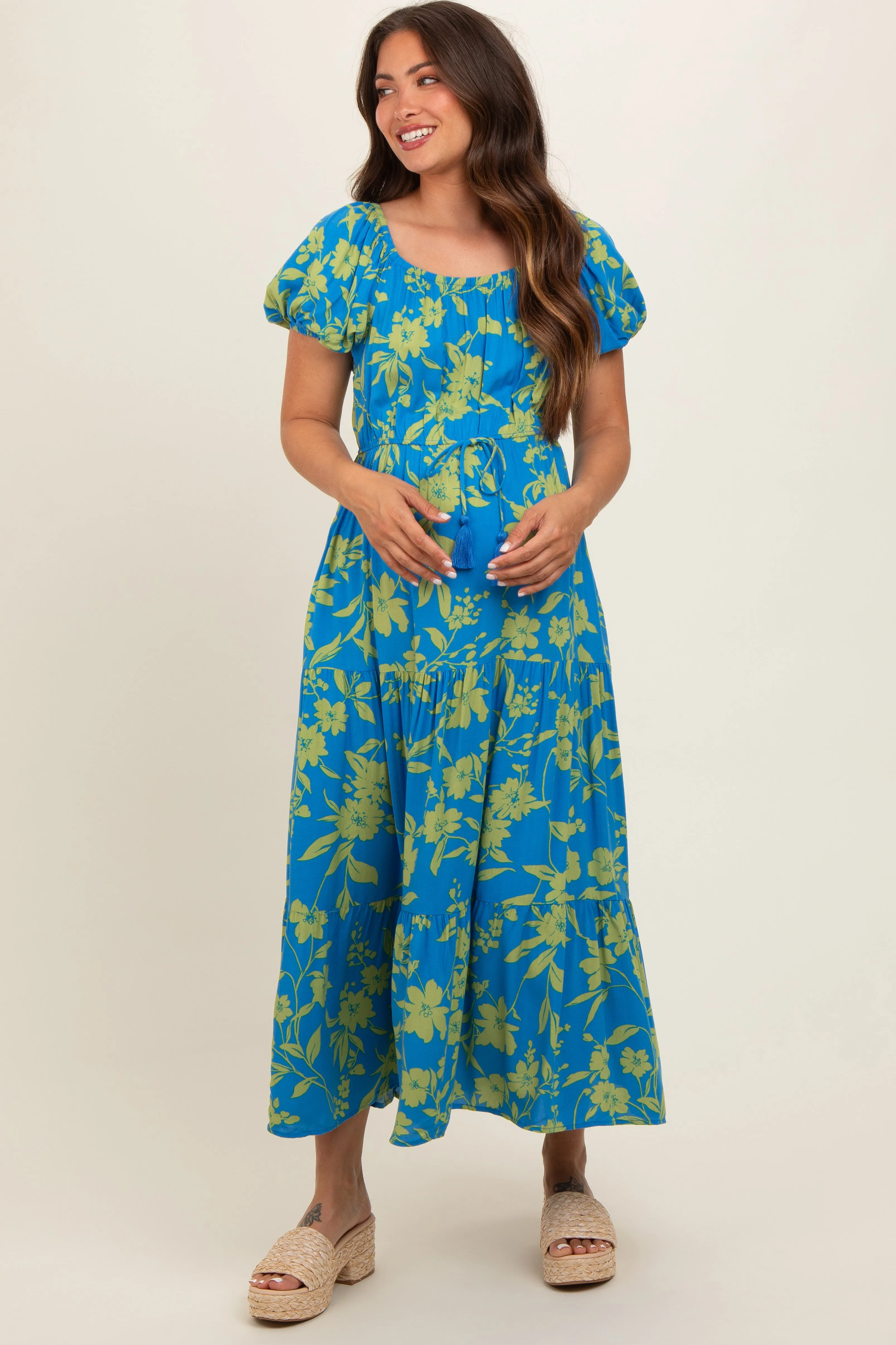 Blue Floral Off Shoulder Puff Sleeve Maternity Midi Dress sold by Pinkblush product image thumbnail 3