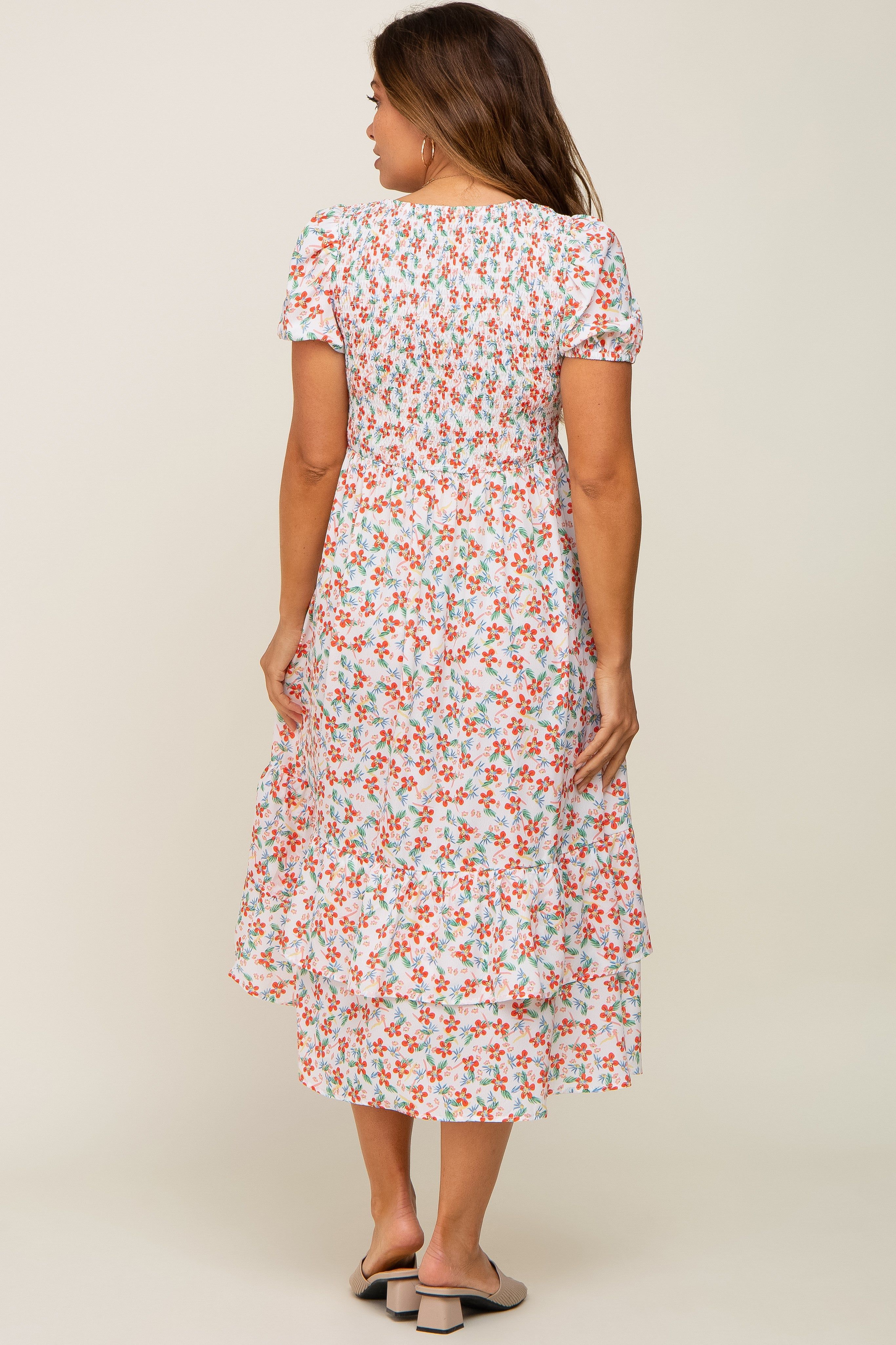 White Floral Smocked Layered Maternity Midi Dress sold by Pinkblush product image thumbnail 4