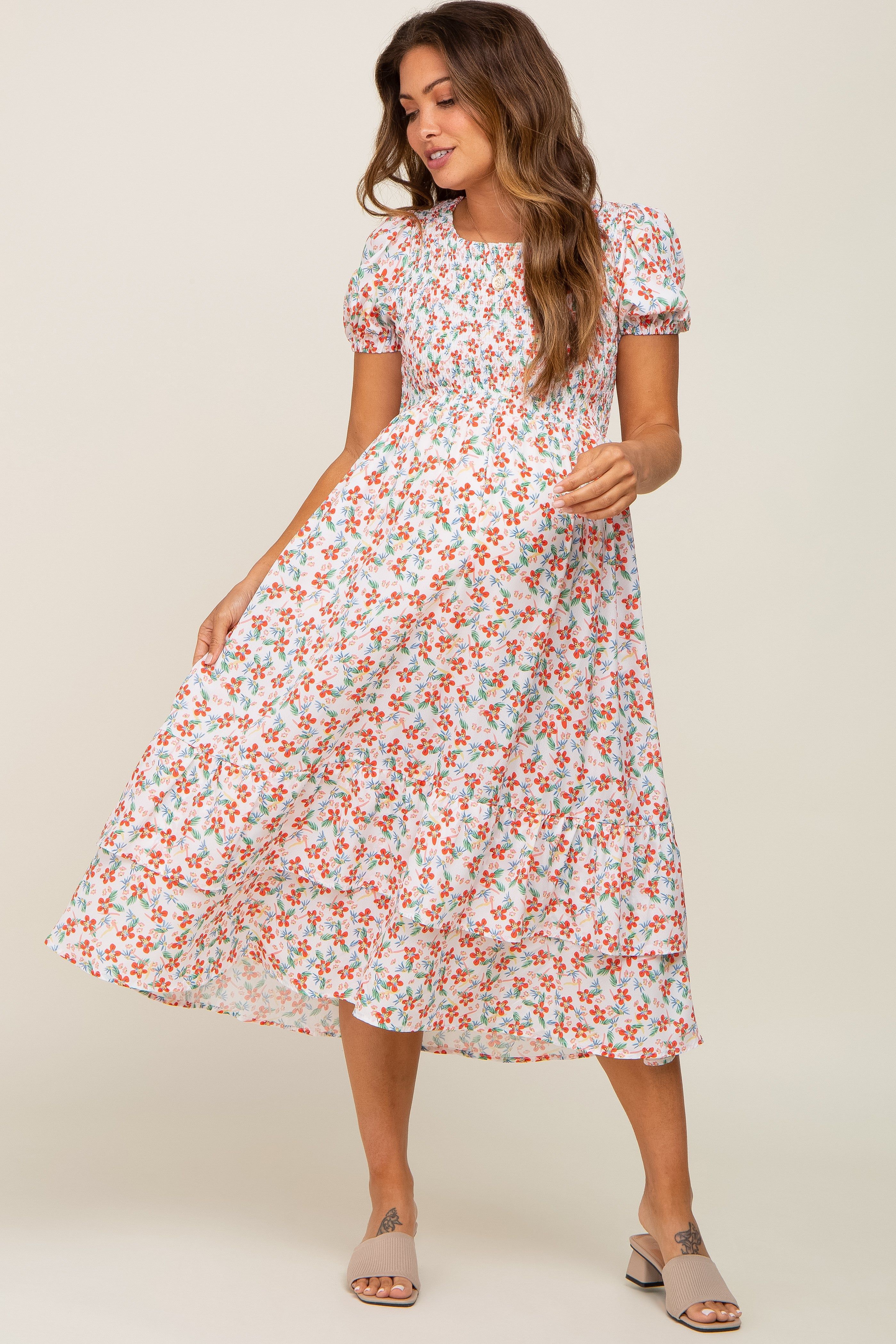 White Floral Smocked Layered Maternity Midi Dress sold by Pinkblush