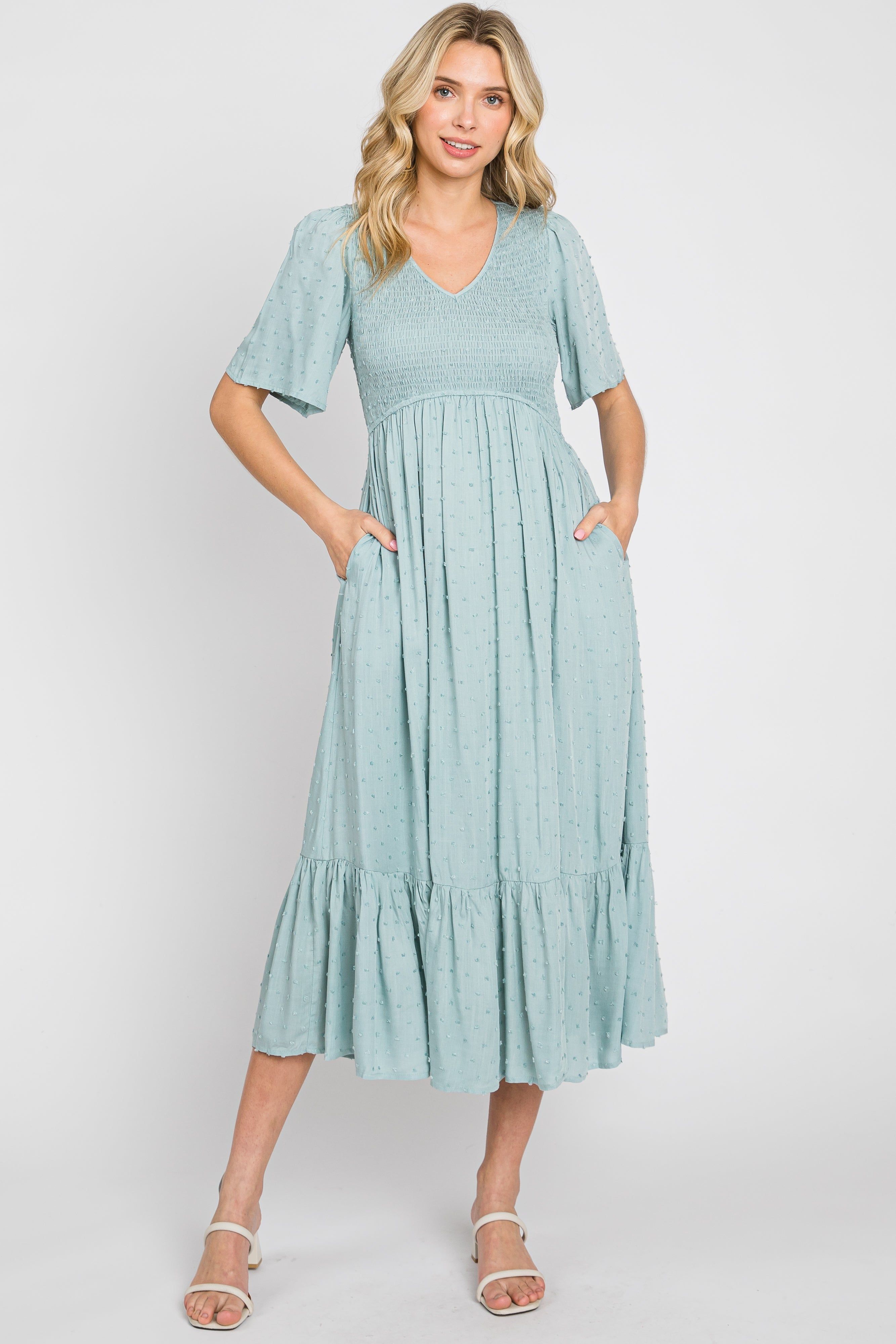 Light Blue Textured Dot Smocked Short Sleeve Maternity Midi Dress sold by Pinkblush product image thumbnail 5