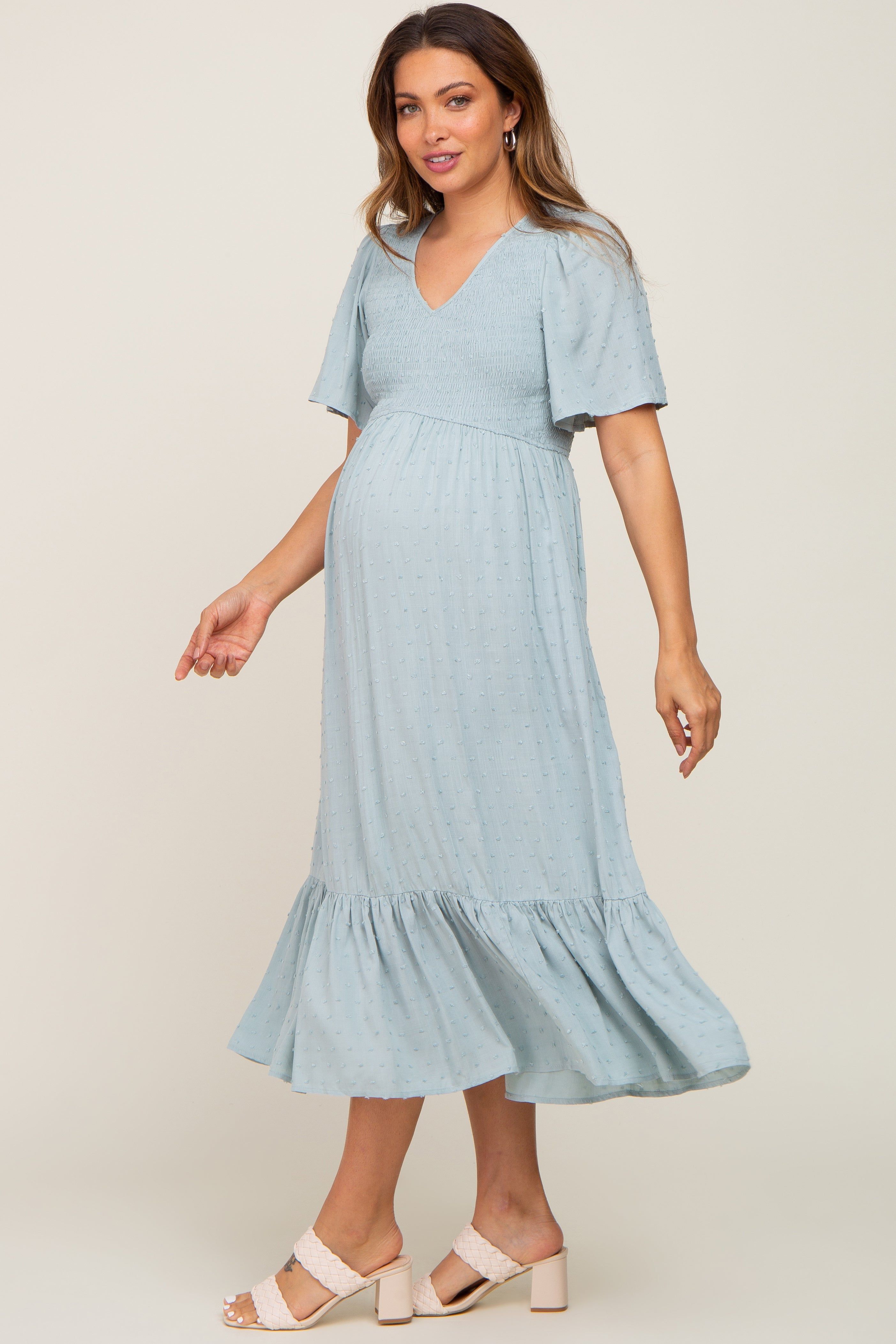 Light Blue Textured Dot Smocked Short Sleeve Maternity Midi Dress sold by Pinkblush product image thumbnail 2