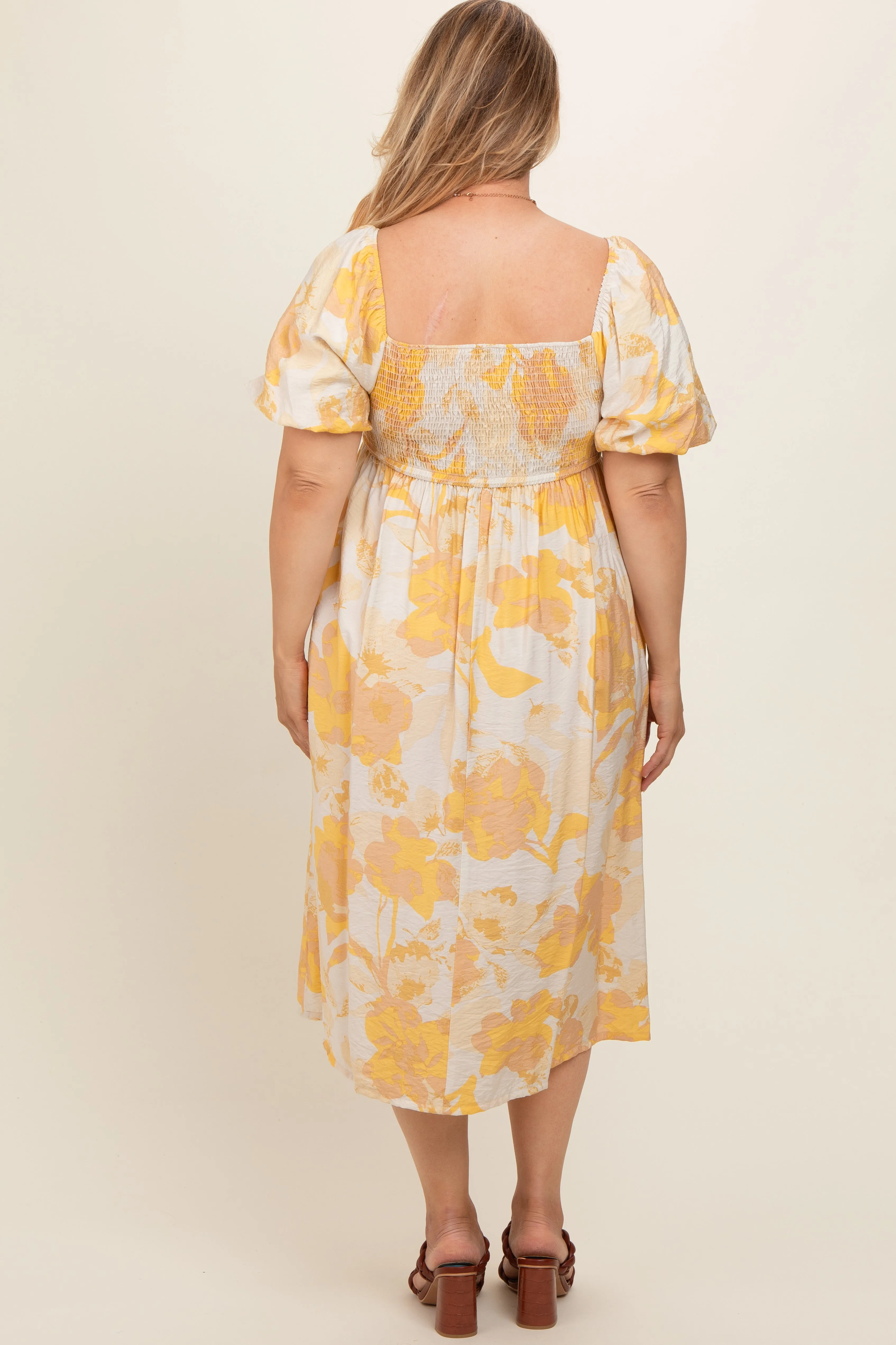 Yellow Floral Square Neck Smocked Short Puff Sleeve Maternity Plus Midi Dress sold by Pinkblush product image thumbnail 4