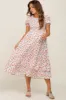 White Floral Smocked Layered Maternity Midi Dress sold by Pinkblush