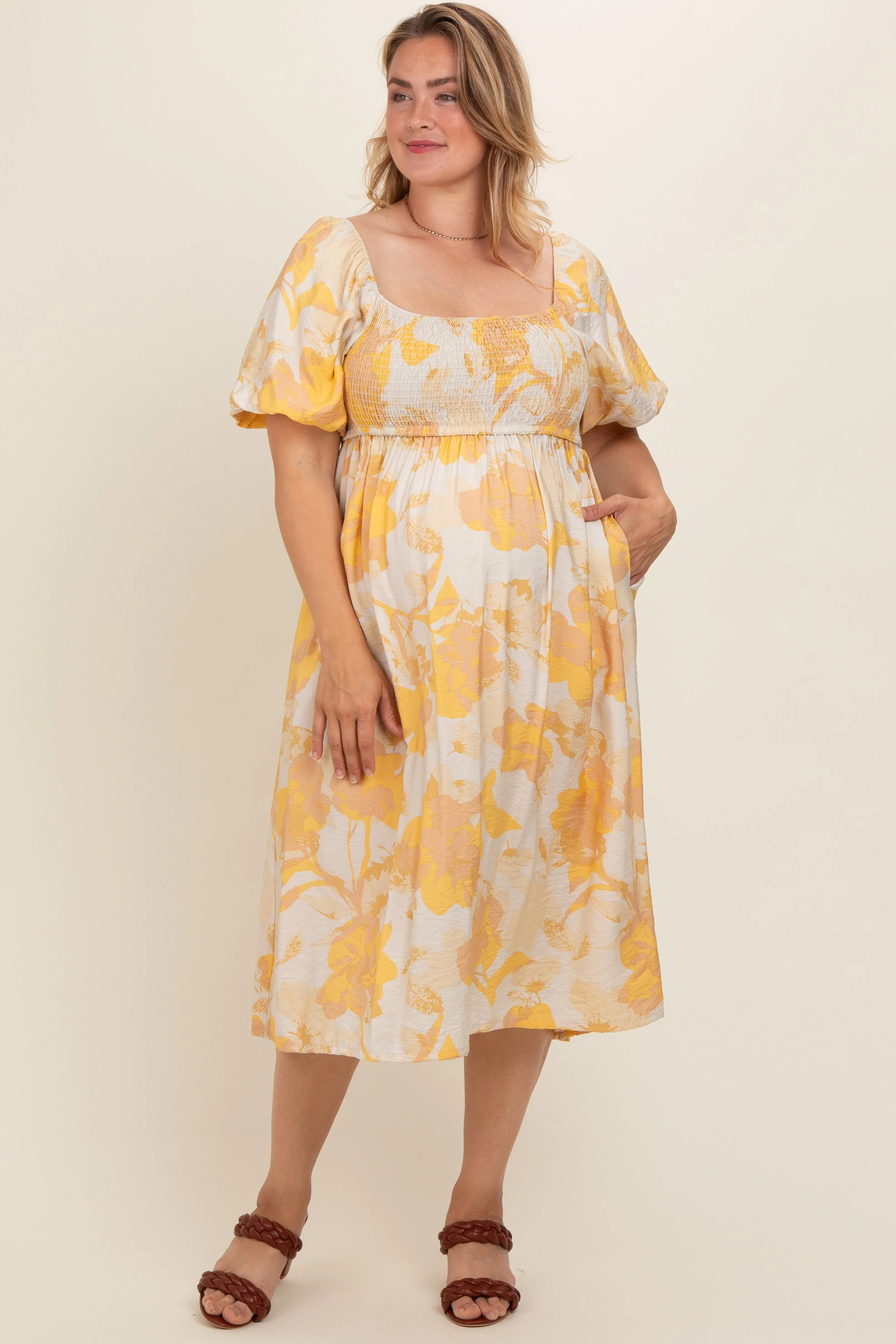 Yellow Floral Square Neck Smocked Short Puff Sleeve Maternity Plus Midi Dress sold by Pinkblush