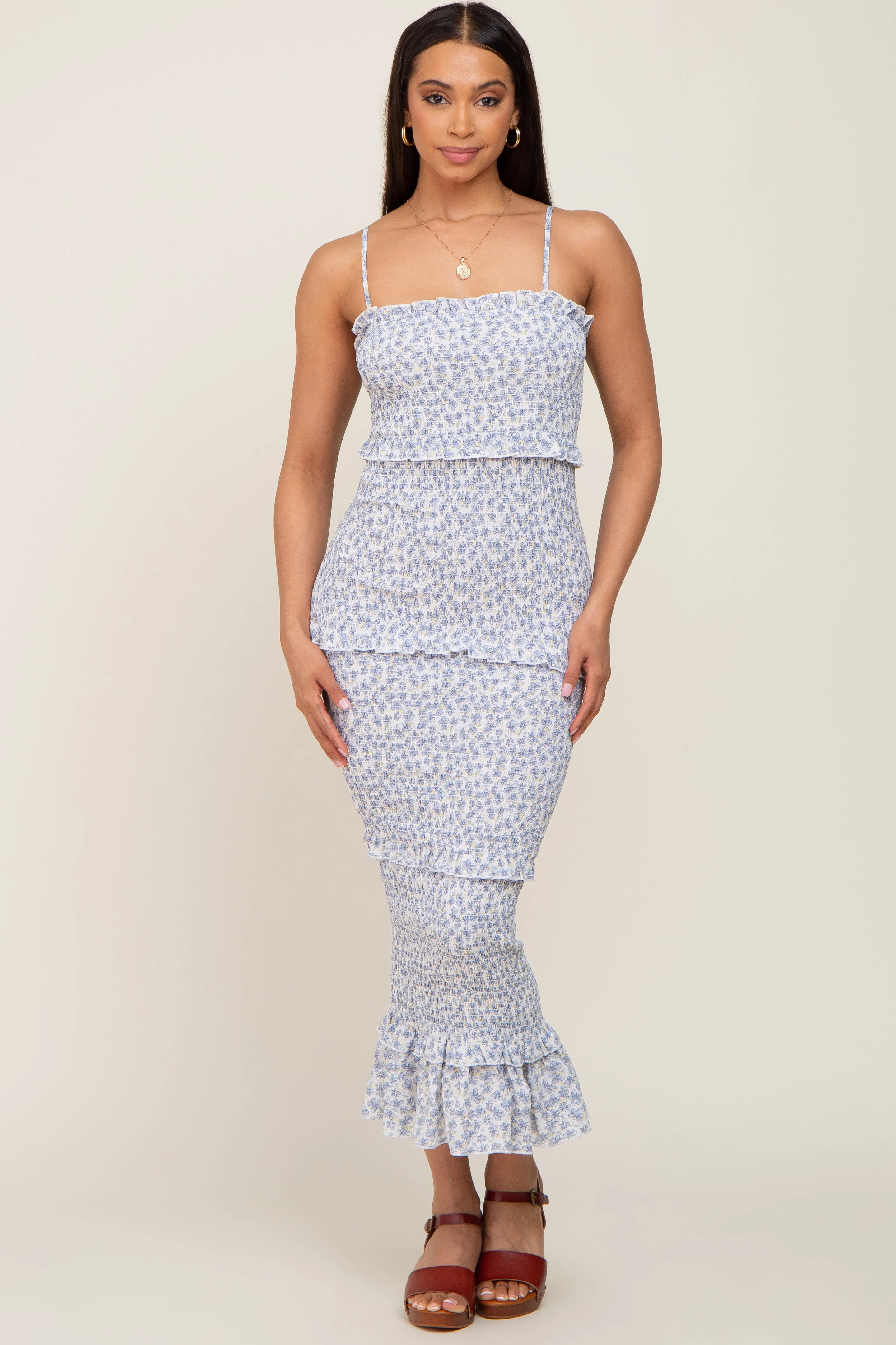 Blue Floral Chiffon Smocked Tiered Square Neck Midi Dress sold by Pinkblush product image thumbnail 5