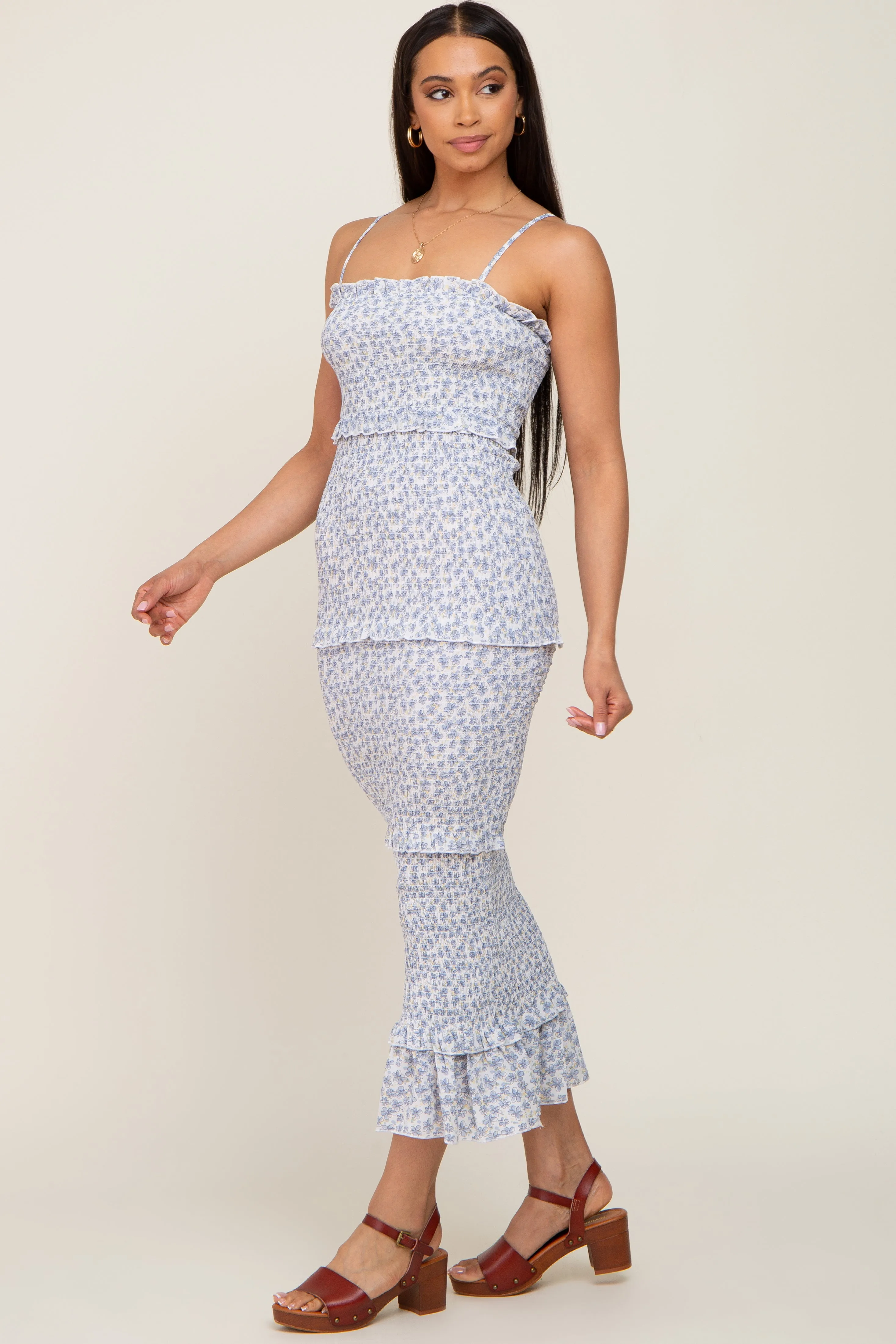 Blue Floral Chiffon Smocked Tiered Square Neck Midi Dress sold by Pinkblush product image thumbnail 2