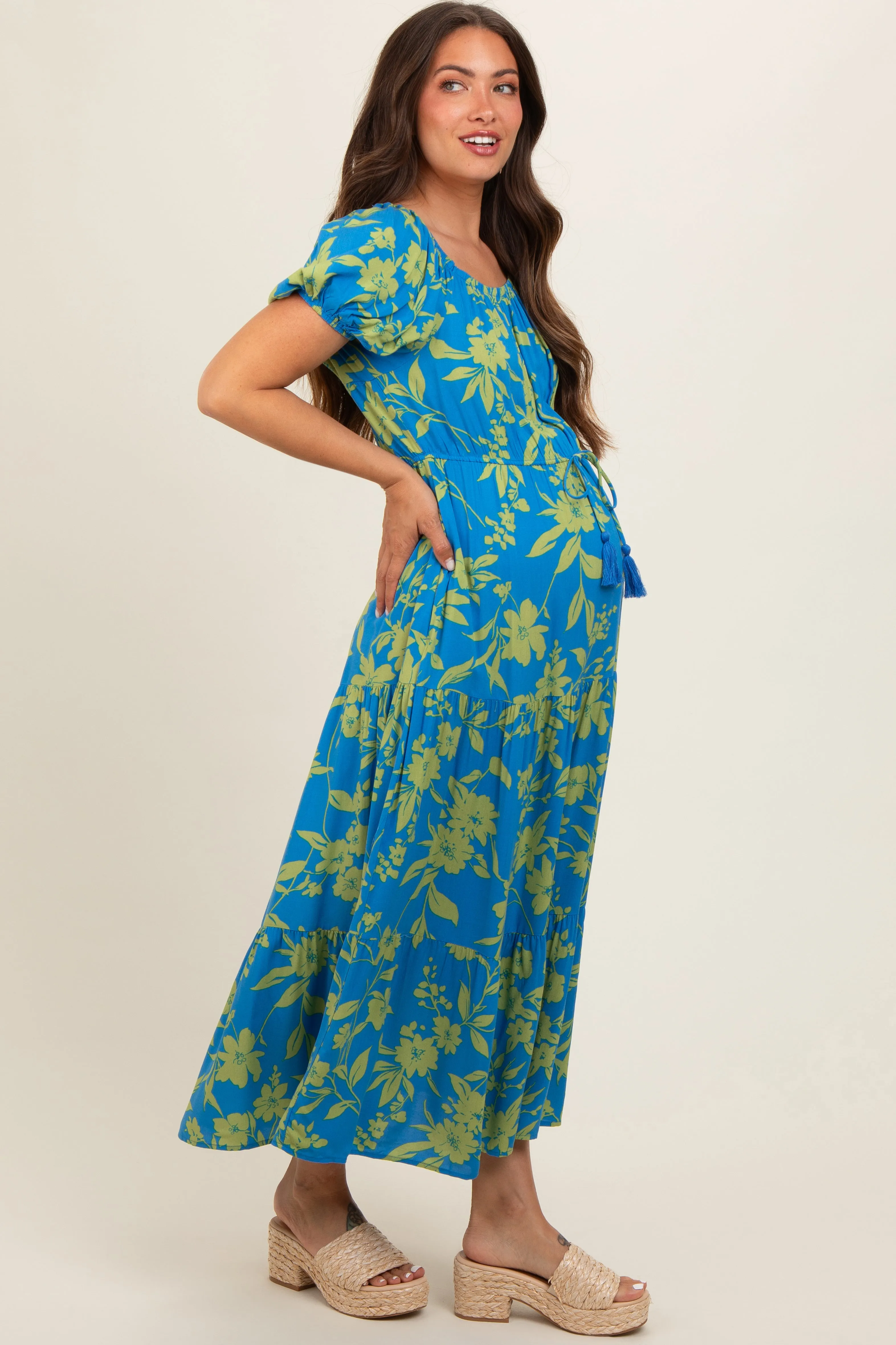Blue Floral Off Shoulder Puff Sleeve Maternity Midi Dress sold by Pinkblush product image thumbnail 4