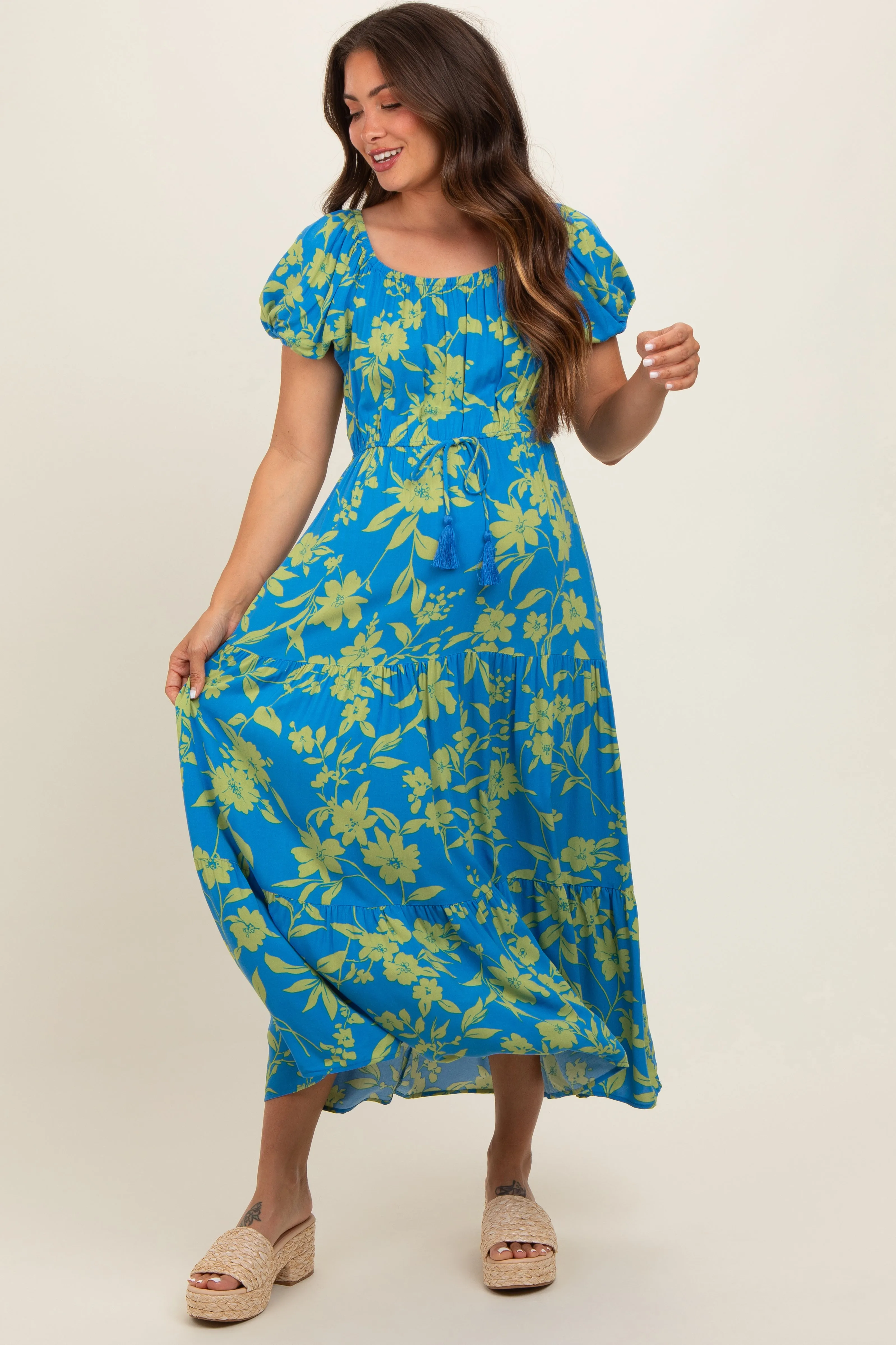 Blue Floral Off Shoulder Puff Sleeve Maternity Midi Dress sold by Pinkblush