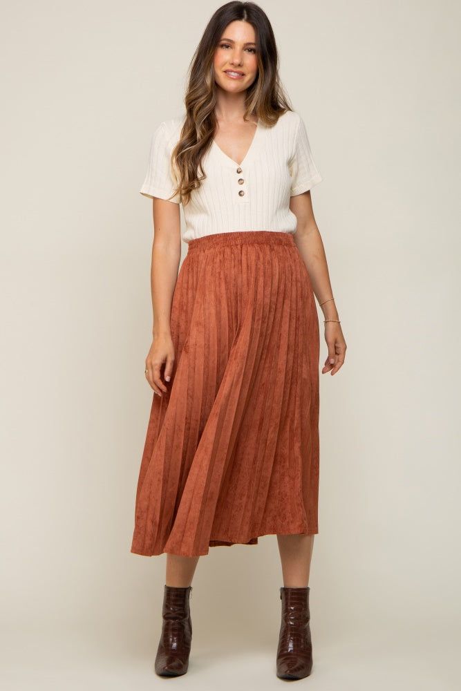 Rust Suede Pleated Maternity Midi Skirt sold by Pinkblush