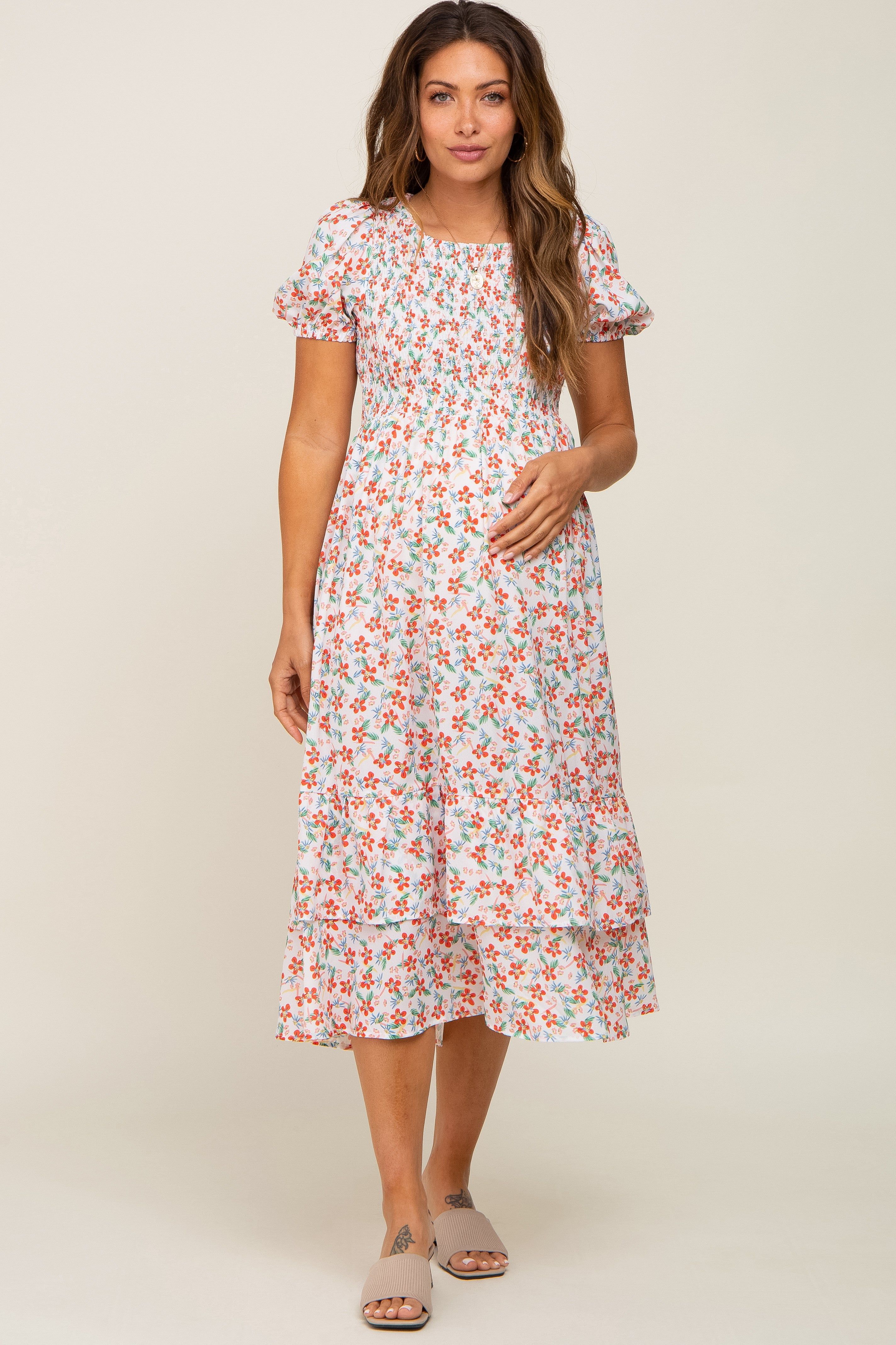 White Floral Smocked Layered Maternity Midi Dress sold by Pinkblush product image thumbnail 2