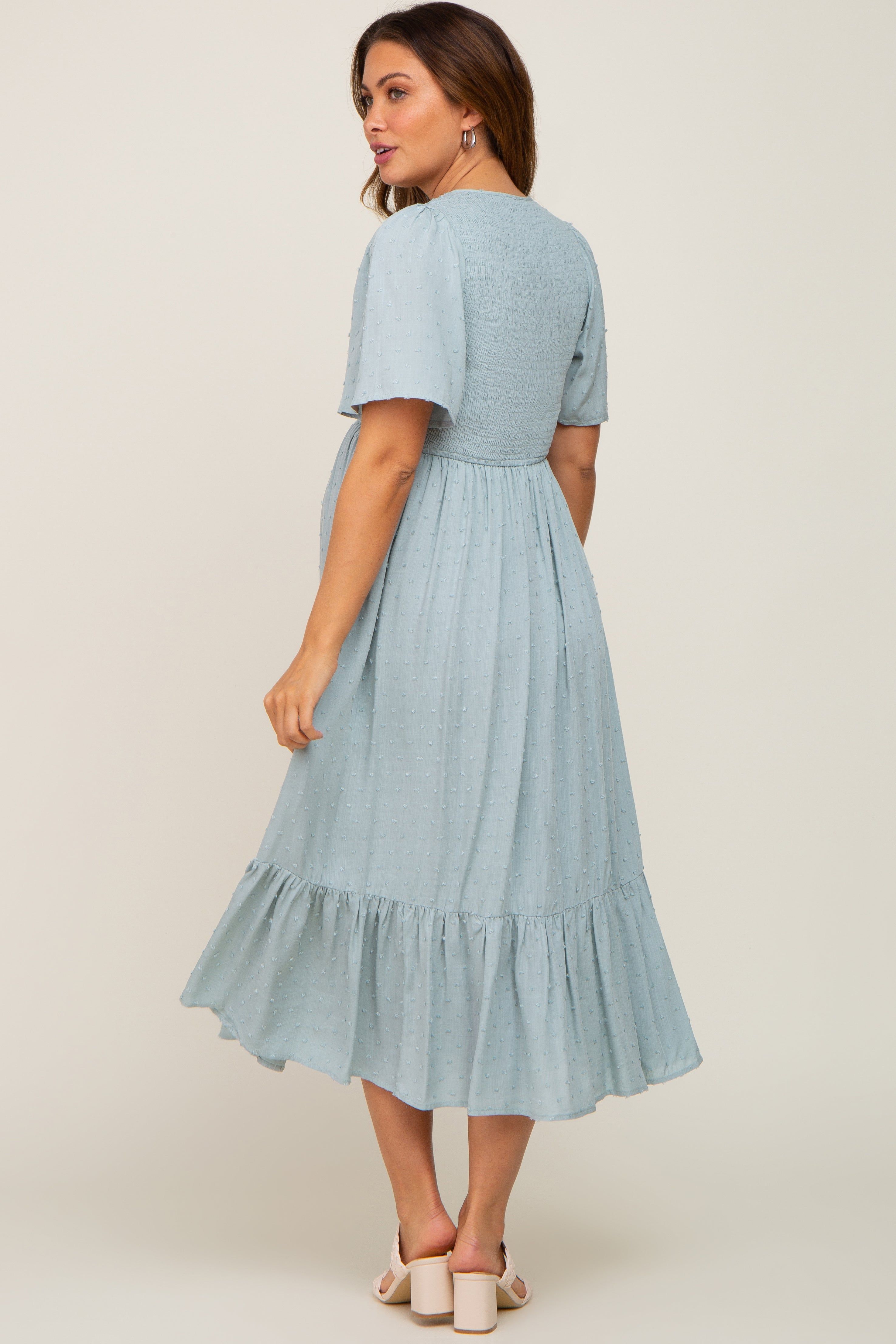 Light Blue Textured Dot Smocked Short Sleeve Maternity Midi Dress sold by Pinkblush product image thumbnail 3
