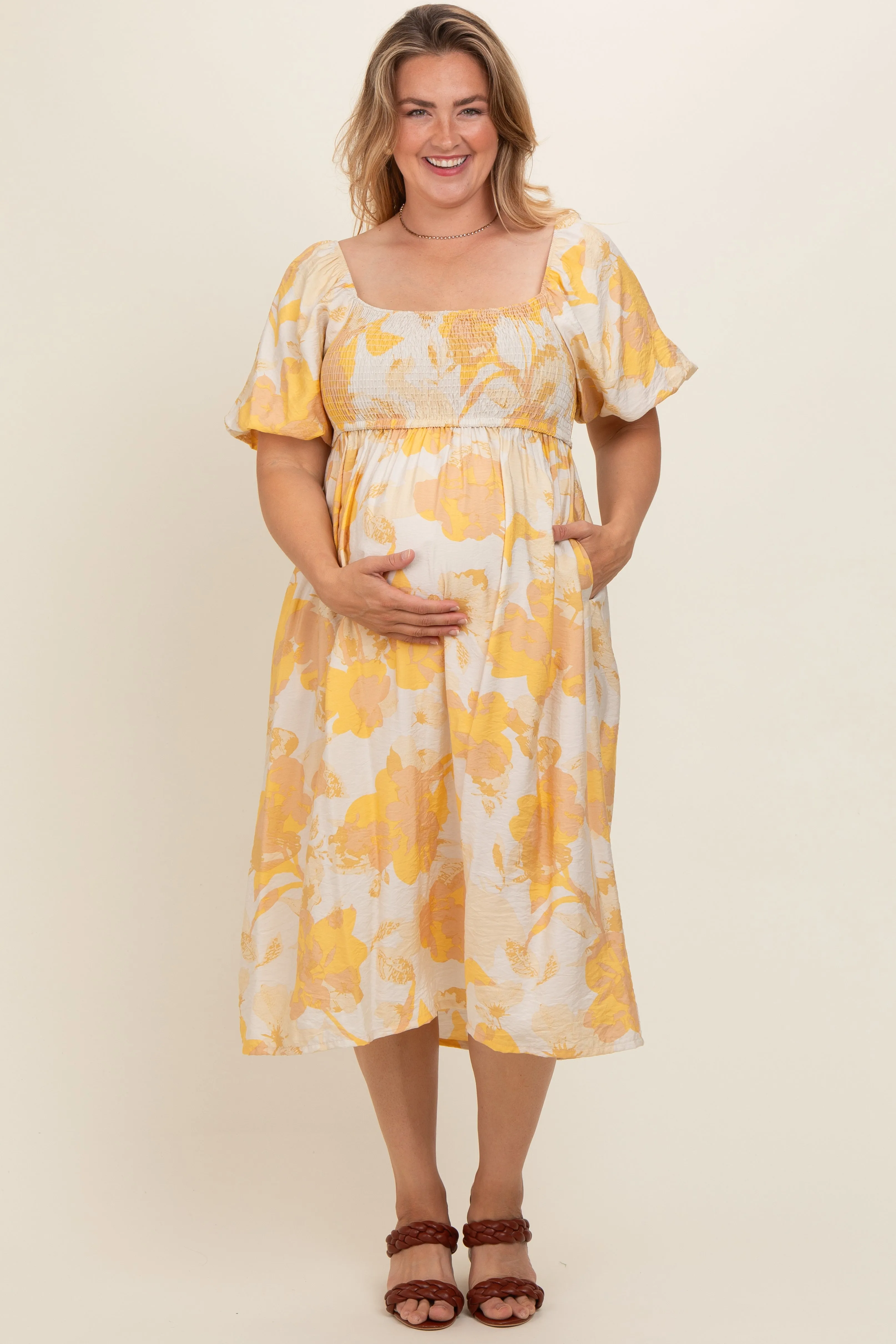 Yellow Floral Square Neck Smocked Short Puff Sleeve Maternity Plus Midi Dress sold by Pinkblush product image thumbnail 2