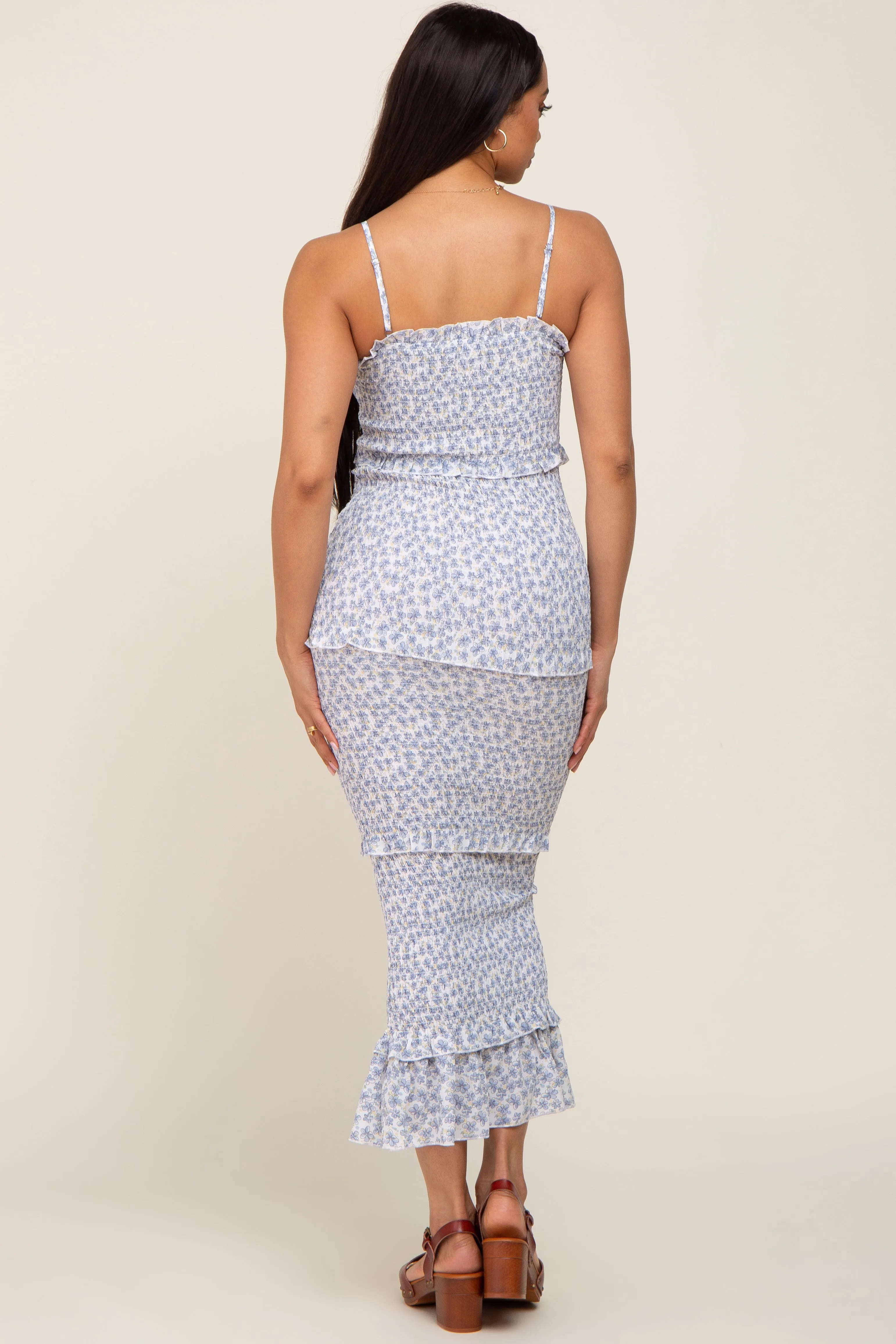 Blue Floral Chiffon Smocked Tiered Square Neck Midi Dress sold by Pinkblush product image thumbnail 3