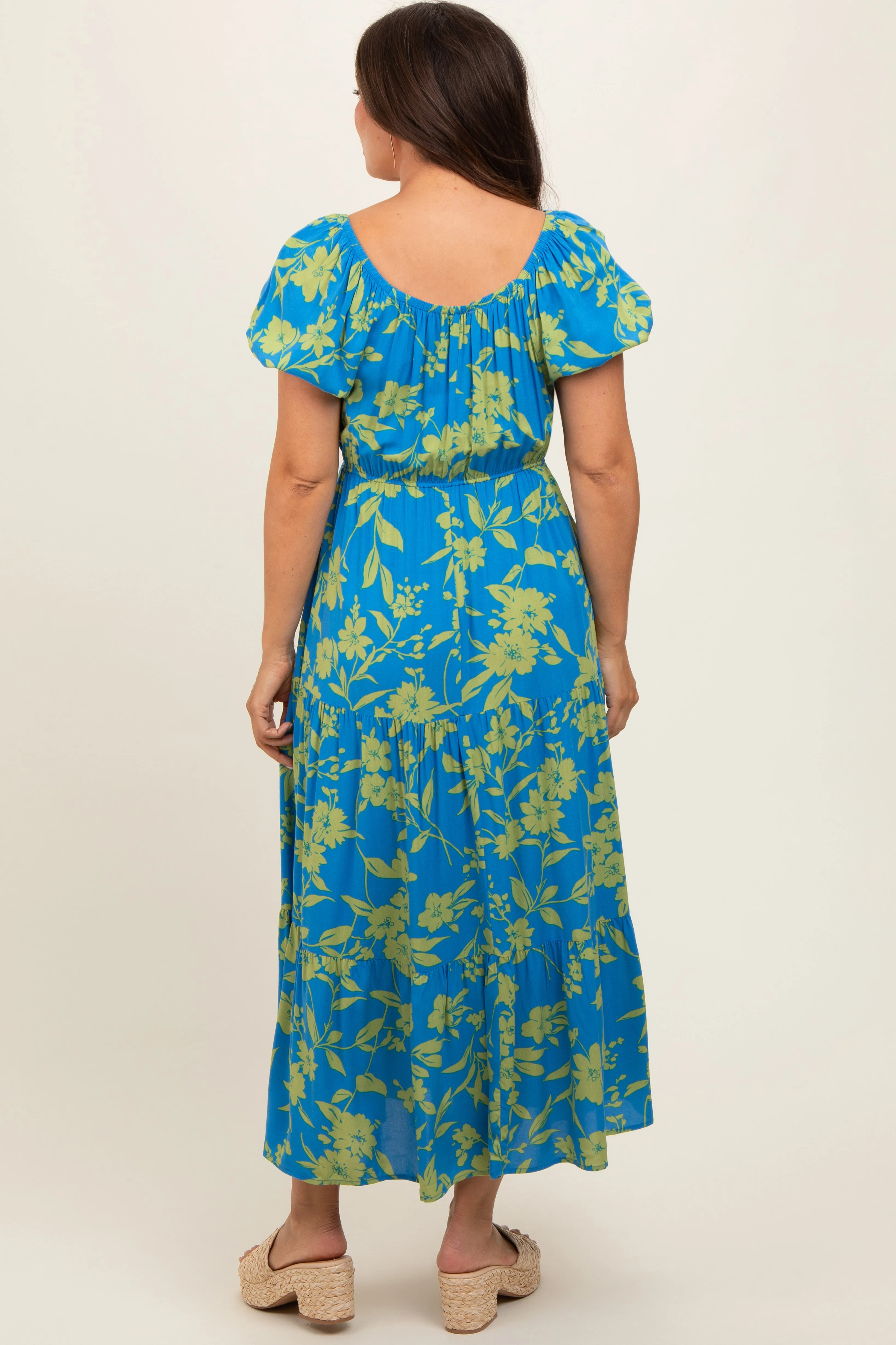 Blue Floral Off Shoulder Puff Sleeve Maternity Midi Dress sold by Pinkblush product image thumbnail 5