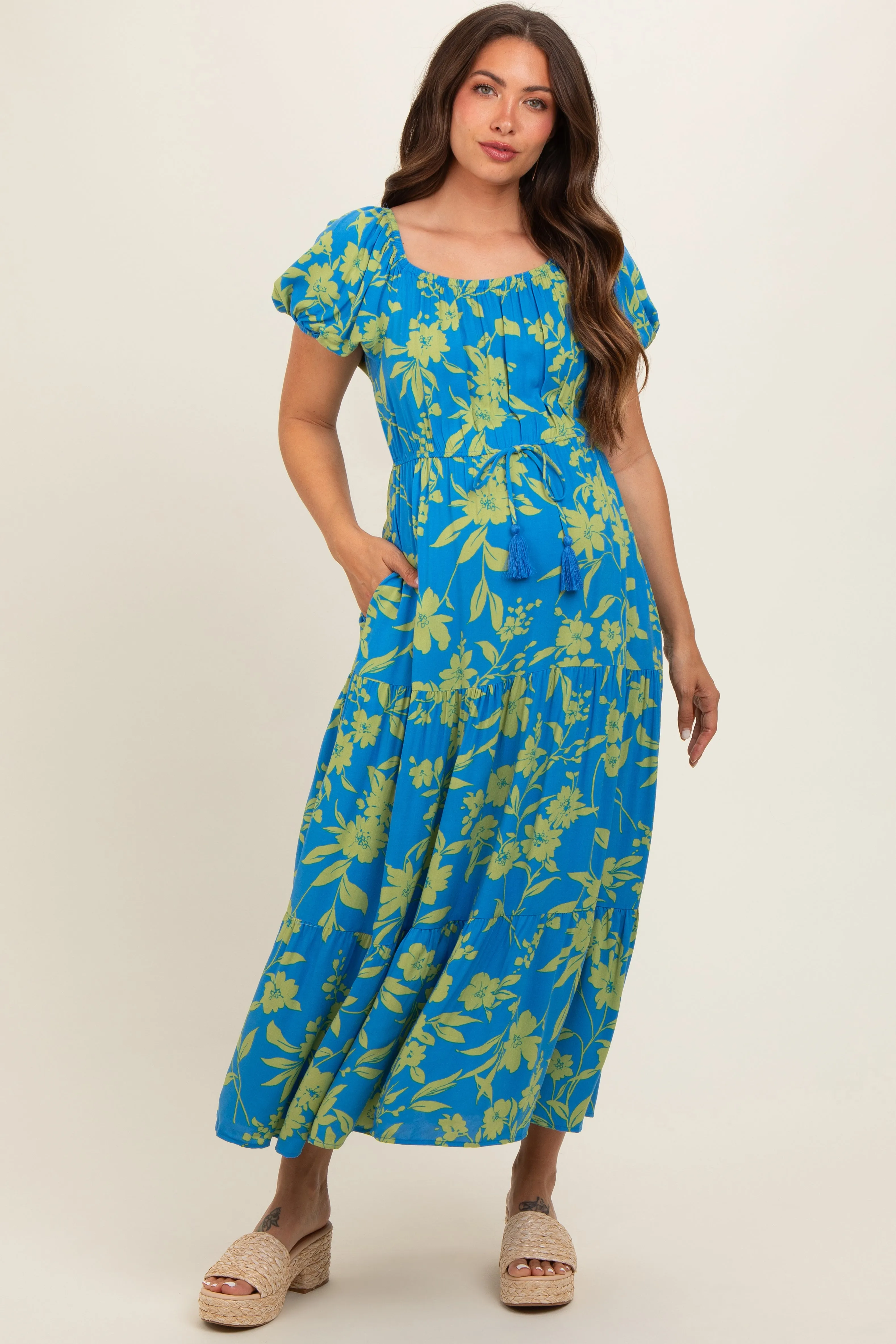 Blue Floral Off Shoulder Puff Sleeve Maternity Midi Dress sold by Pinkblush product image thumbnail 2