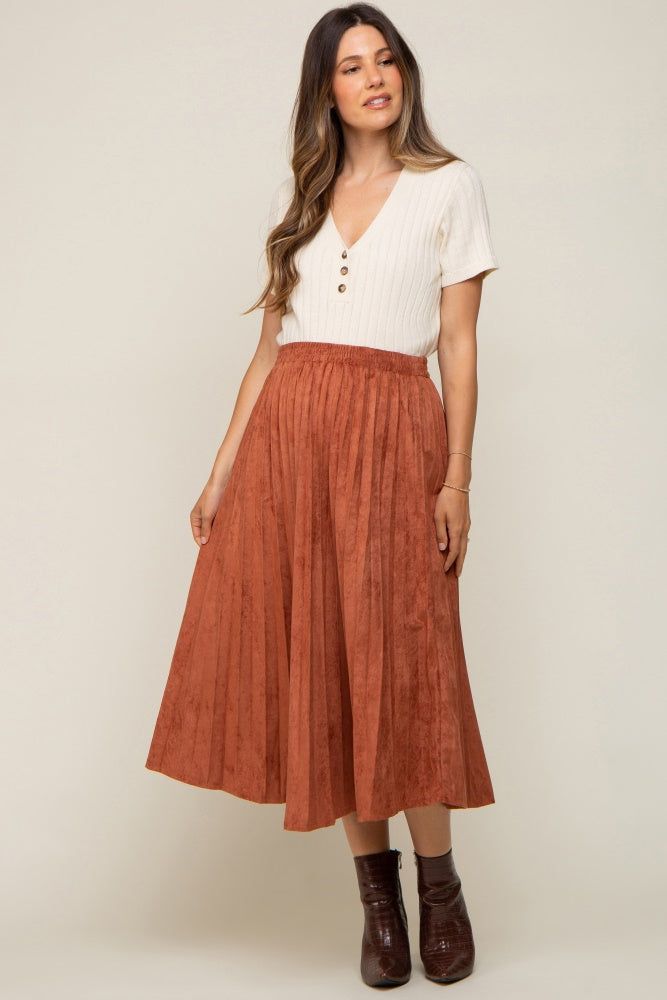Rust Suede Pleated Maternity Midi Skirt sold by Pinkblush product image thumbnail 2
