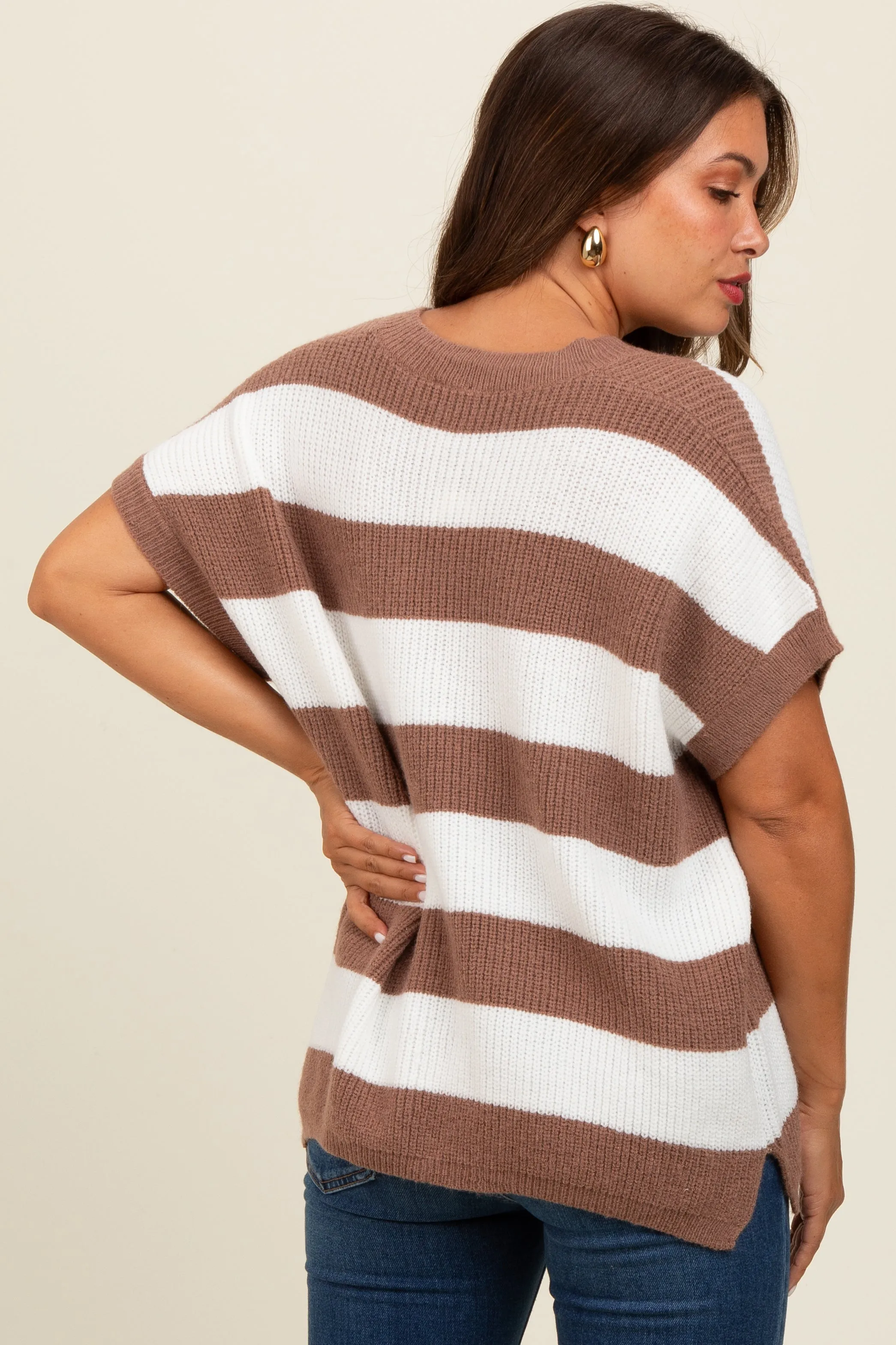Taupe Striped V-Neck Maternity Sweater Top sold by Pinkblush product image thumbnail 4