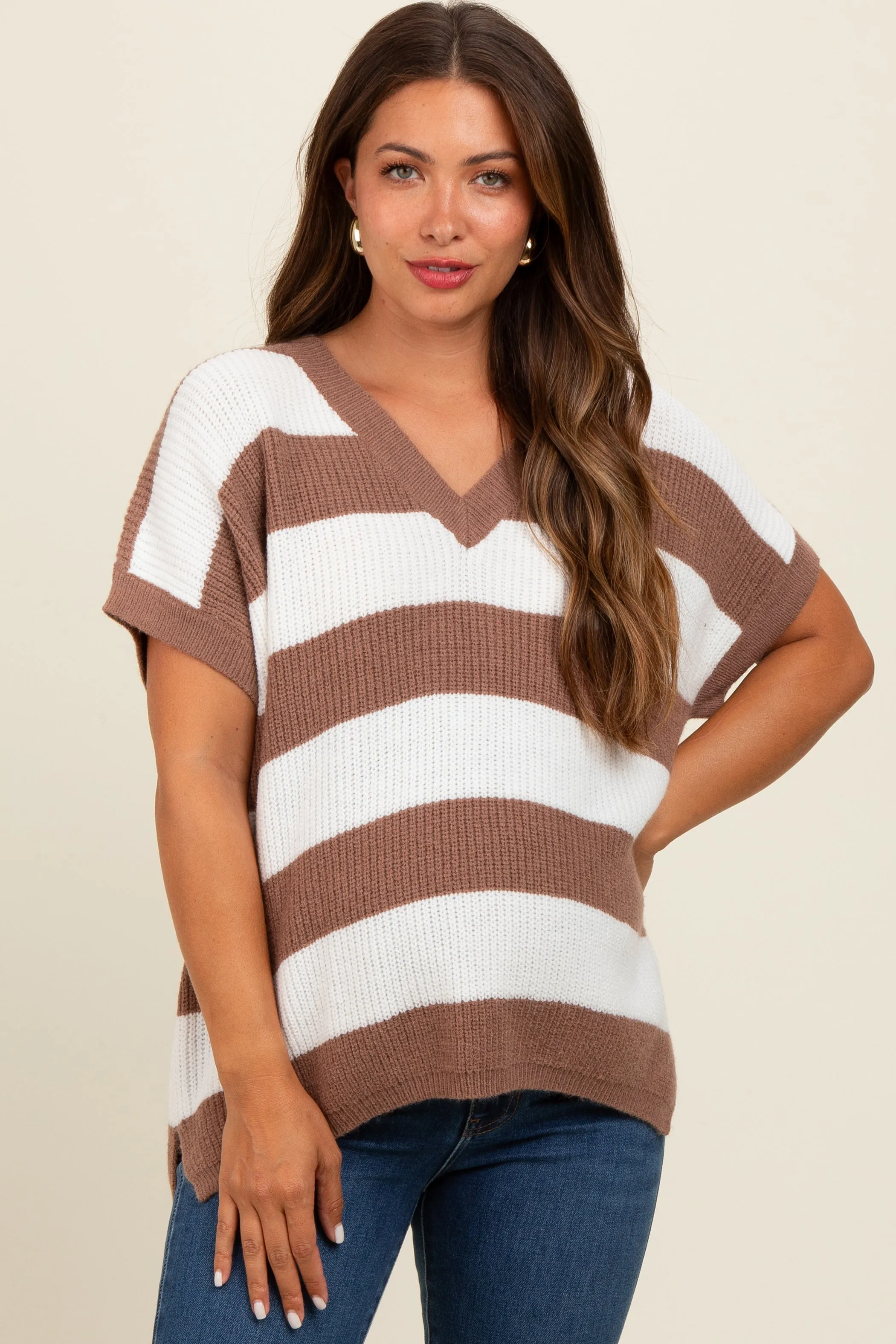 Taupe Striped V-Neck Maternity Sweater Top sold by Pinkblush
