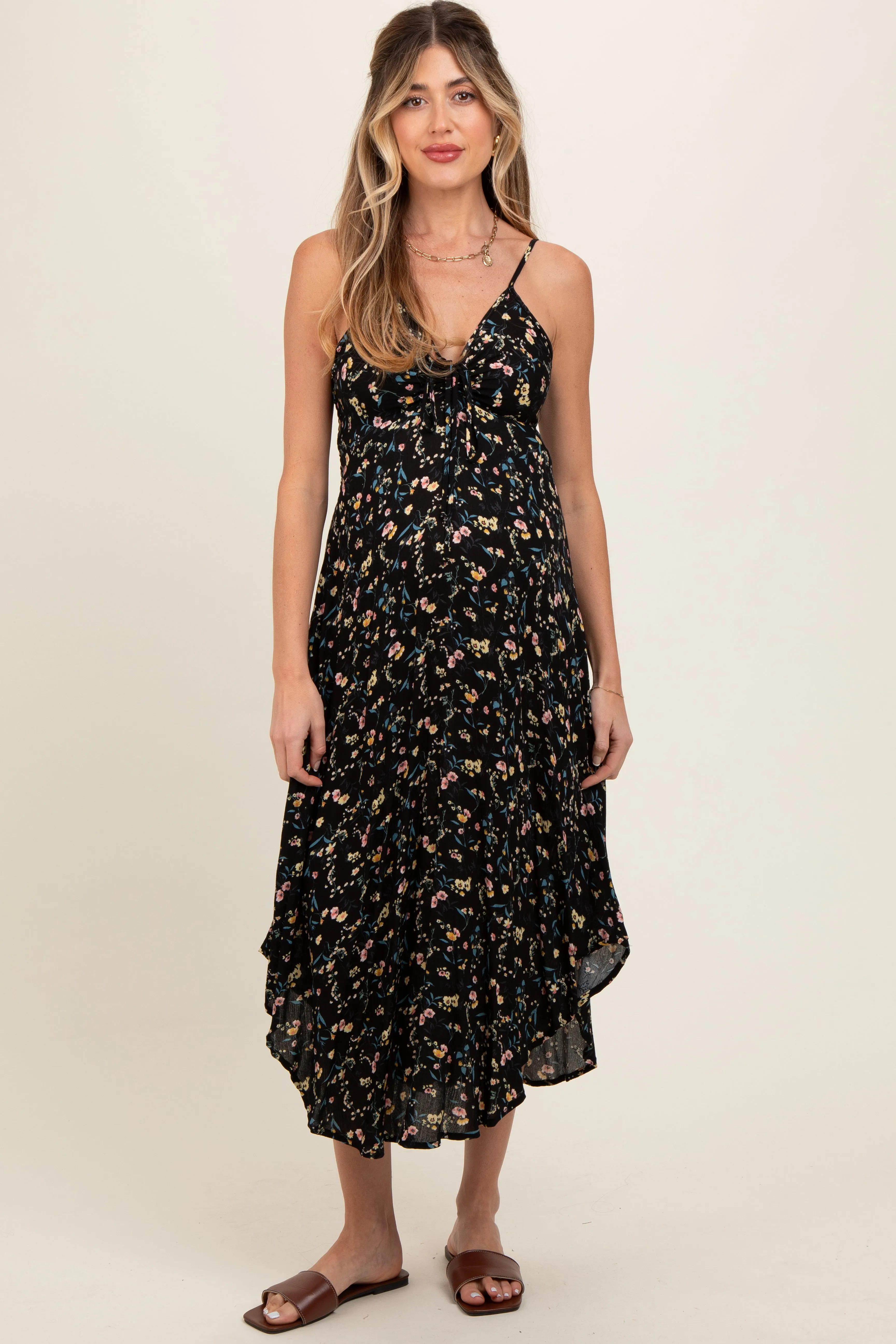 Black Floral Cinched Tie Bust Maternity Midi Dress sold by Pinkblush product image thumbnail 2