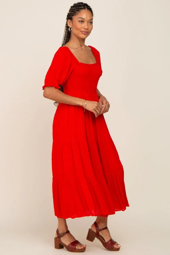 Red Swiss Dot Puff Sleeve Smocked Midi Dress sold by Pinkblush product image thumbnail 2