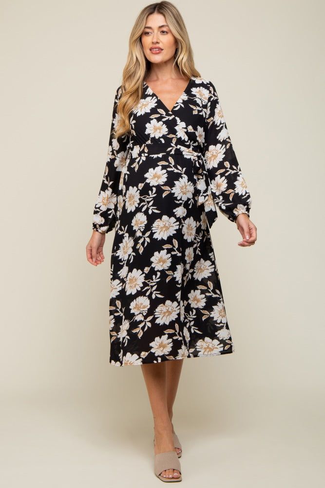 Black Floral Wrap Front Waist Tie Maternity Midi Dress sold by Pinkblush product image thumbnail 4