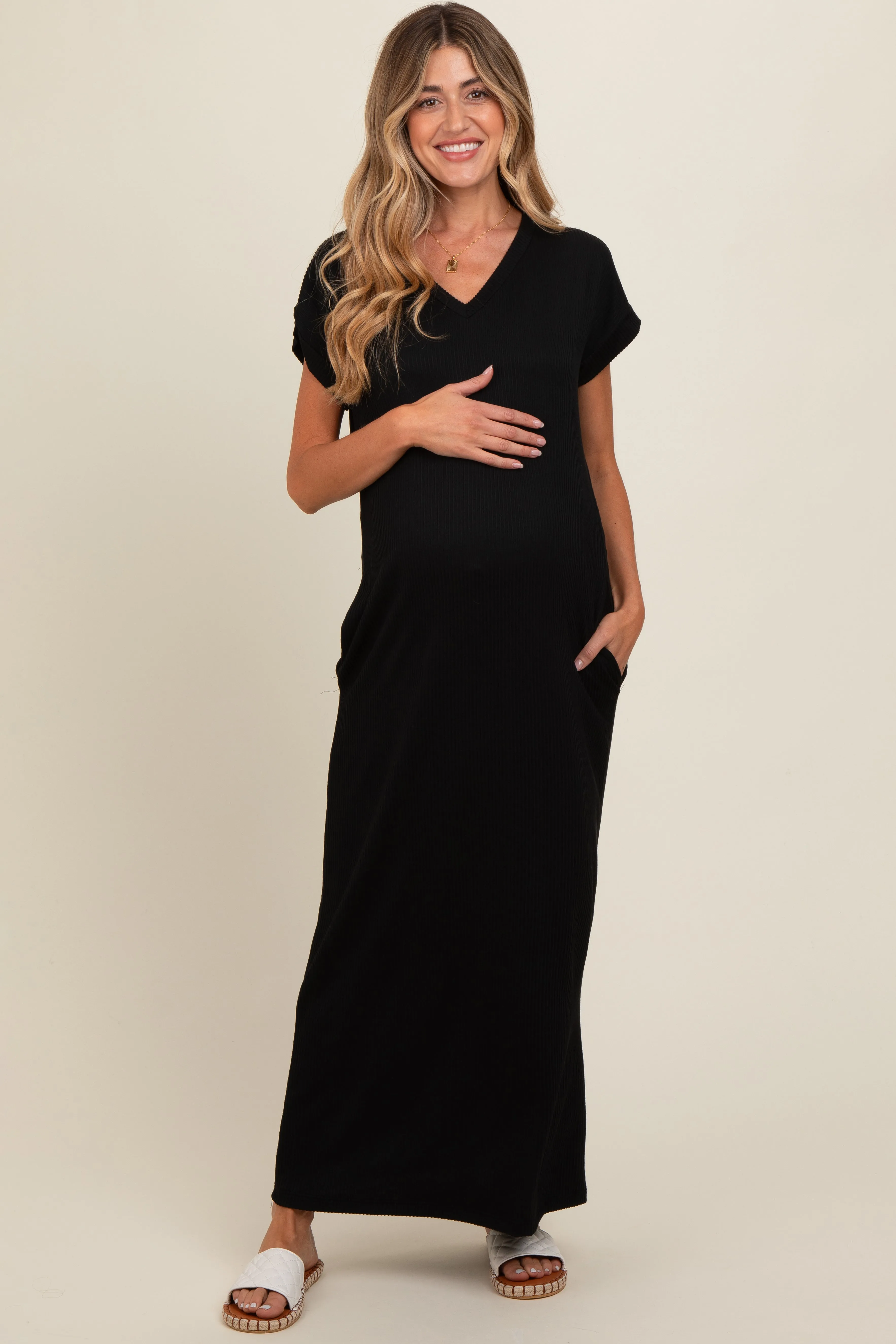 Black Ribbed V-Neck Maternity Midi Dress sold by Pinkblush product image thumbnail 2