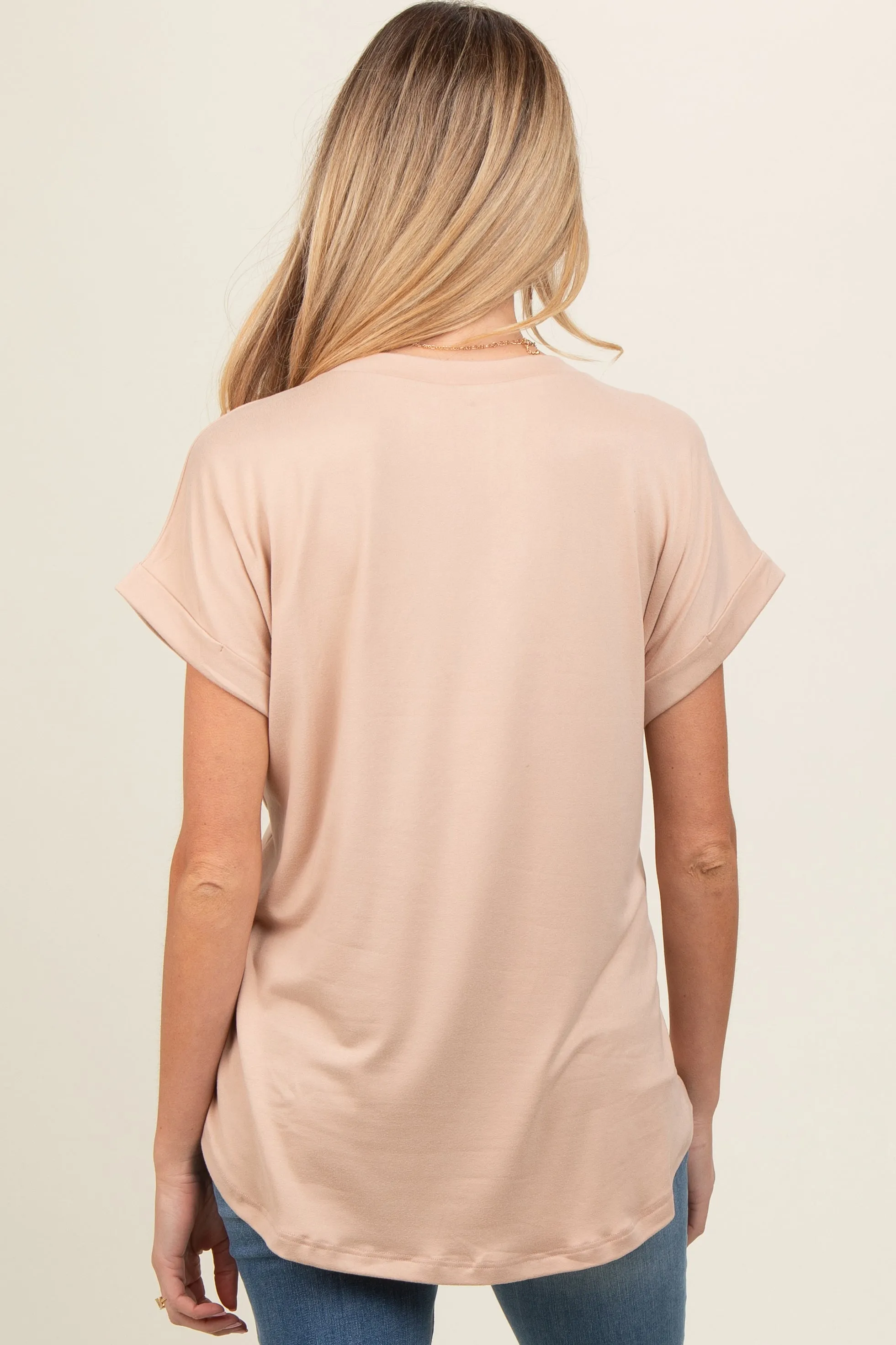 Beige V-Neck Pocket Short Sleeve Maternity Shirt sold by Pinkblush product image thumbnail 4