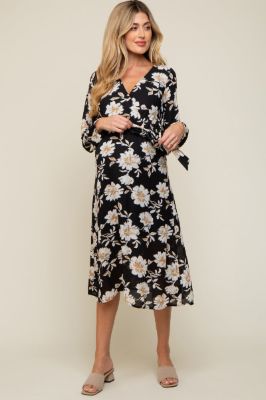 Black Floral Wrap Front Waist Tie Maternity Midi Dress sold by Pinkblush