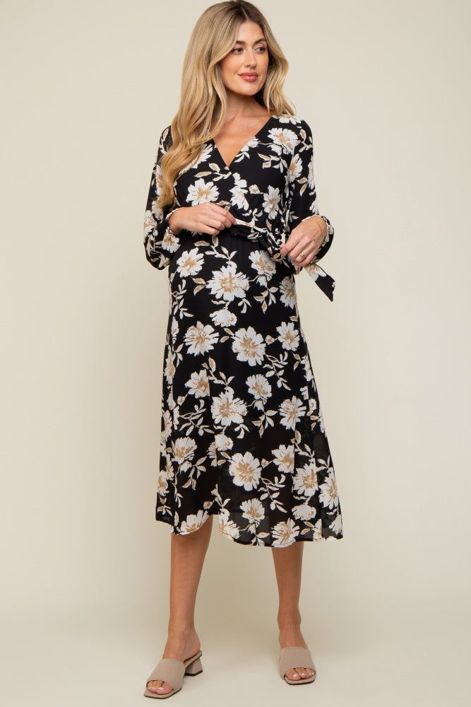 Black Floral Wrap Front Waist Tie Maternity Midi Dress sold by Pinkblush