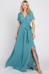 Turquoise Chiffon Short Sleeve Wrap V-Neck Front Slit Maternity Maxi Dress sold by Pinkblush