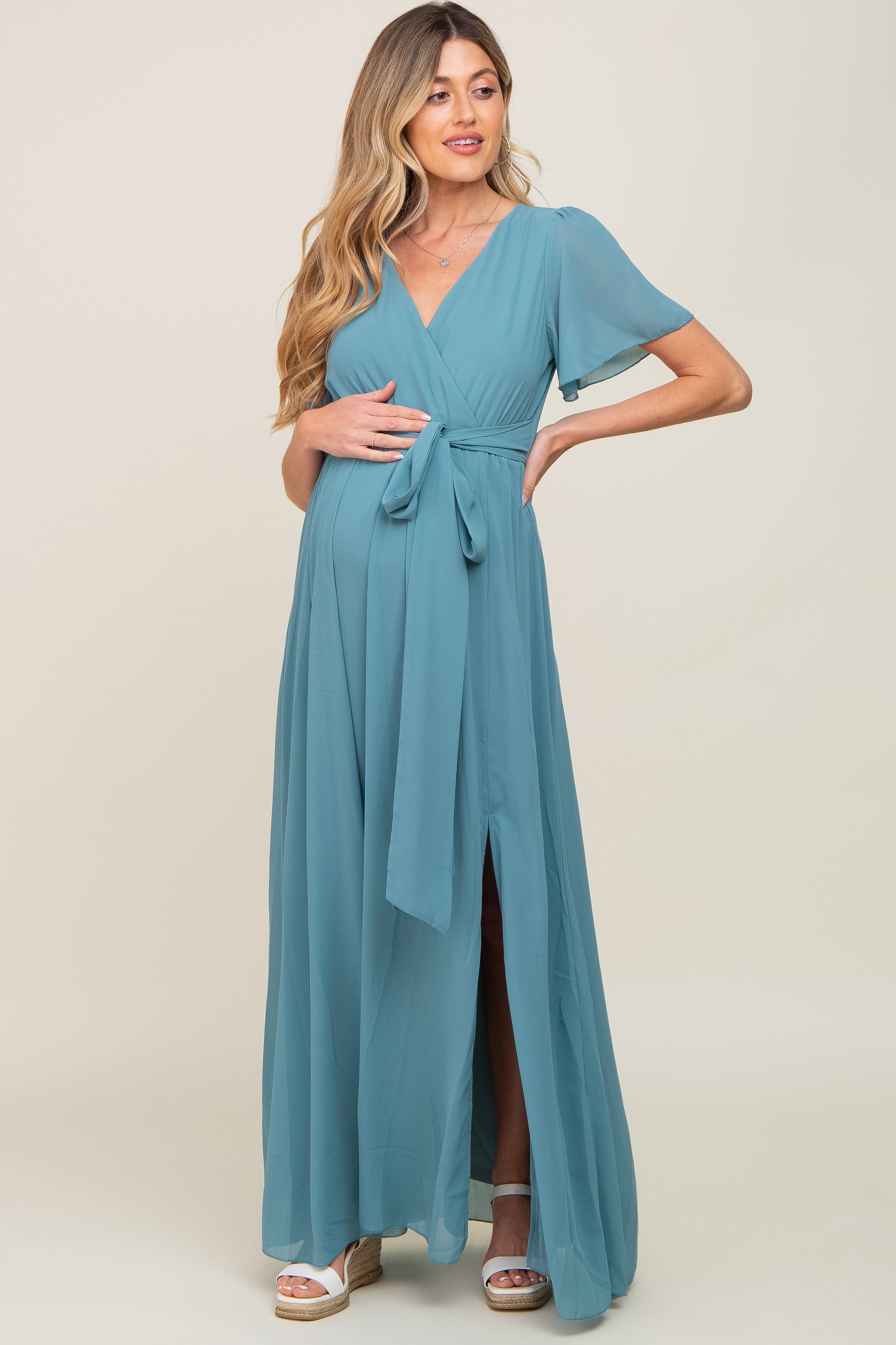 Turquoise Chiffon Short Sleeve Wrap V-Neck Front Slit Maternity Maxi Dress sold by Pinkblush product image thumbnail 2