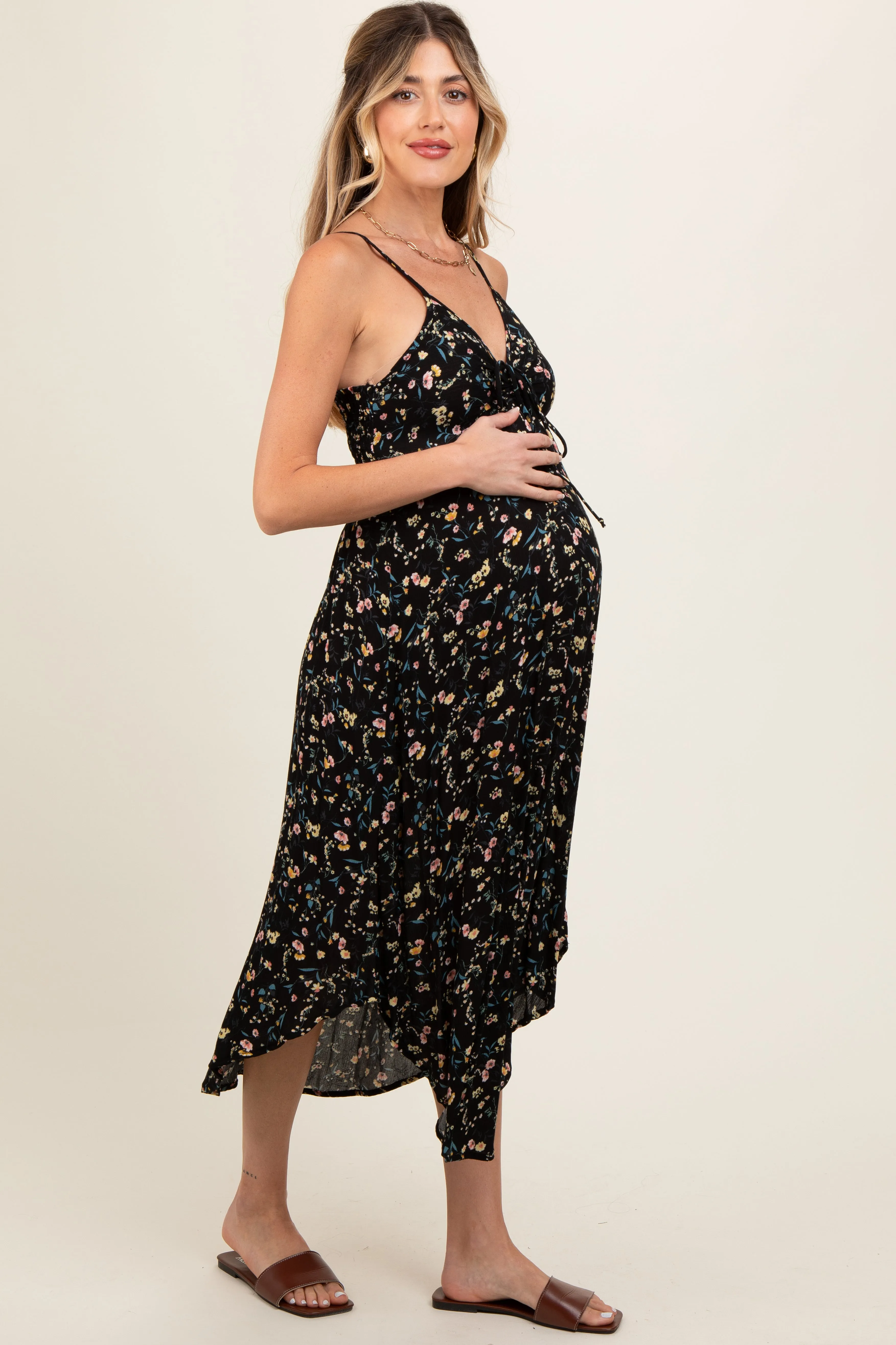 Black Floral Cinched Tie Bust Maternity Midi Dress sold by Pinkblush product image thumbnail 3