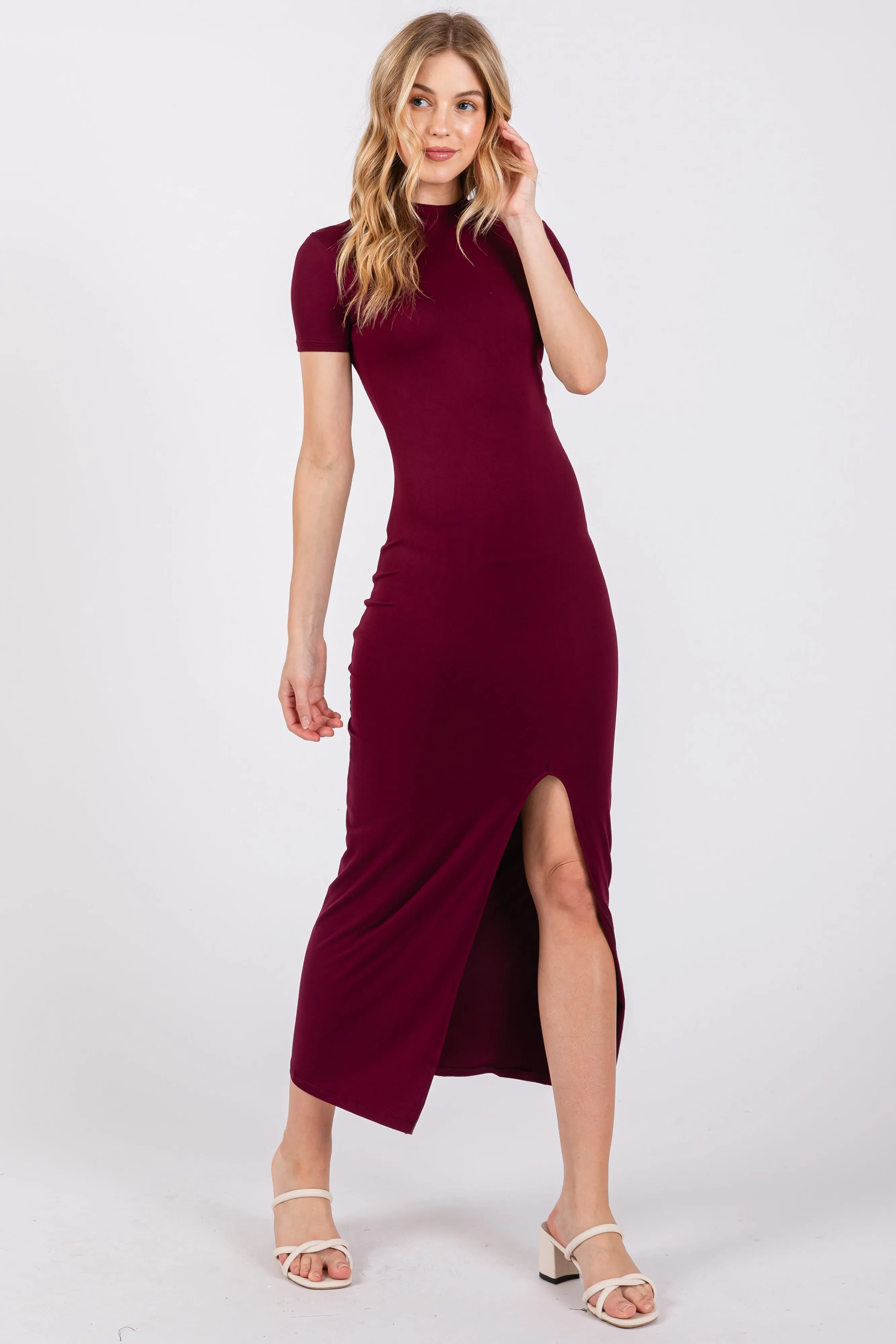 Burgundy Mock Neck Front Slit Short Sleeve Maxi Dress sold by Pinkblush product image thumbnail 2