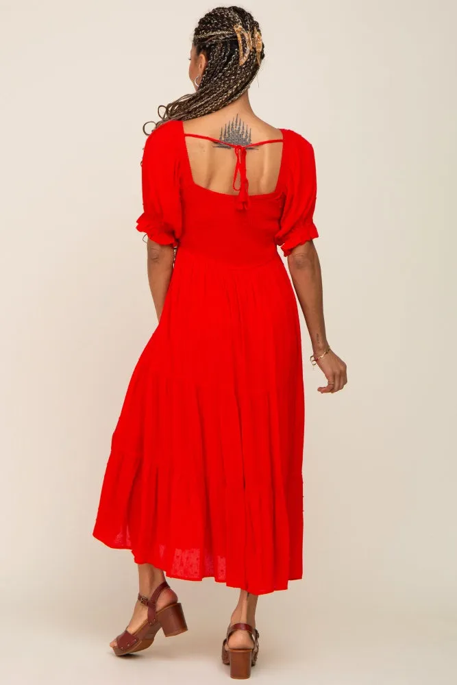 Red Swiss Dot Puff Sleeve Smocked Midi Dress sold by Pinkblush product image thumbnail 3