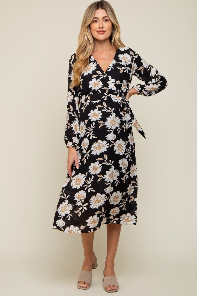 Black Floral Wrap Front Waist Tie Maternity Midi Dress sold by Pinkblush product image thumbnail 5