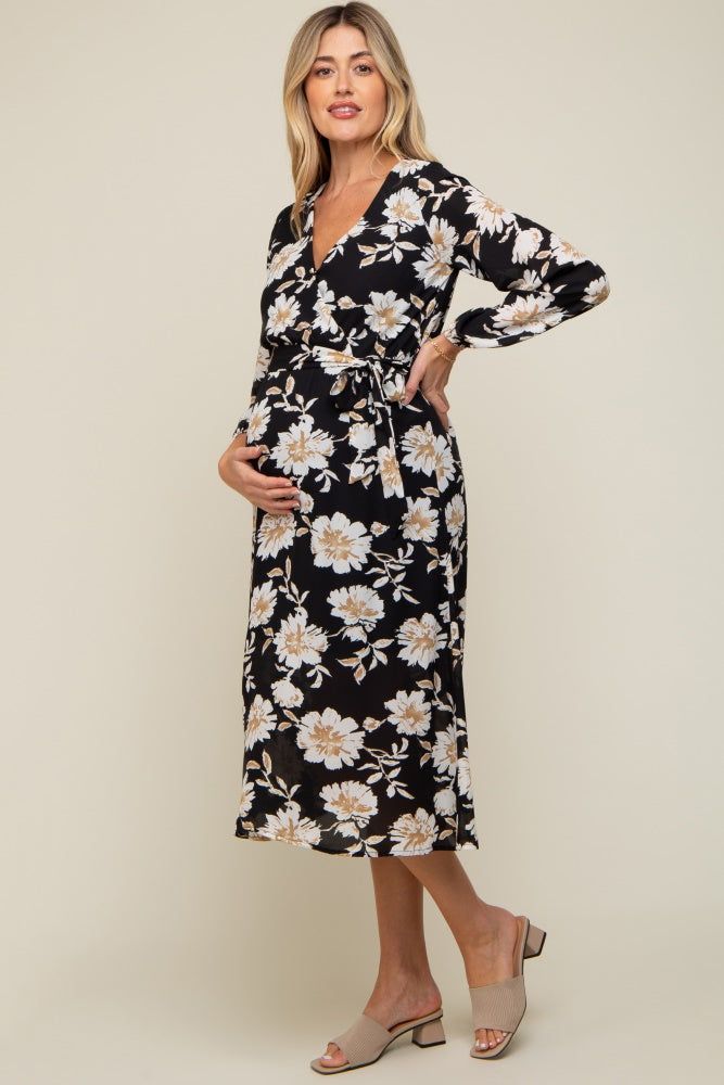 Black Floral Wrap Front Waist Tie Maternity Midi Dress sold by Pinkblush product image thumbnail 2