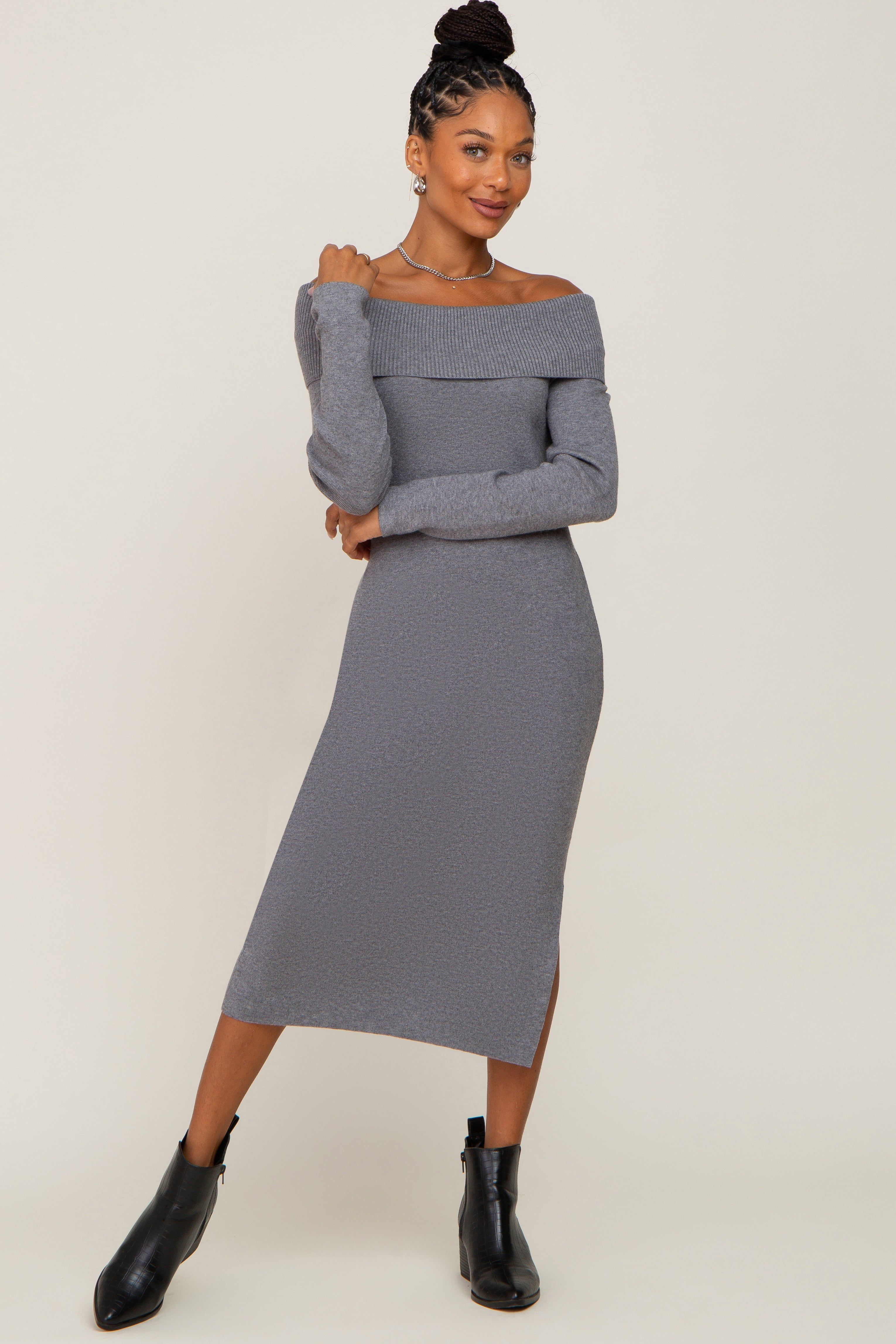 Heather Grey Off Shoulder Sweater Dress sold by Pinkblush