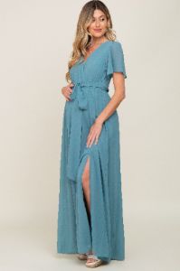 Turquoise Chiffon Short Sleeve Wrap V-Neck Front Slit Maternity Maxi Dress sold by Pinkblush