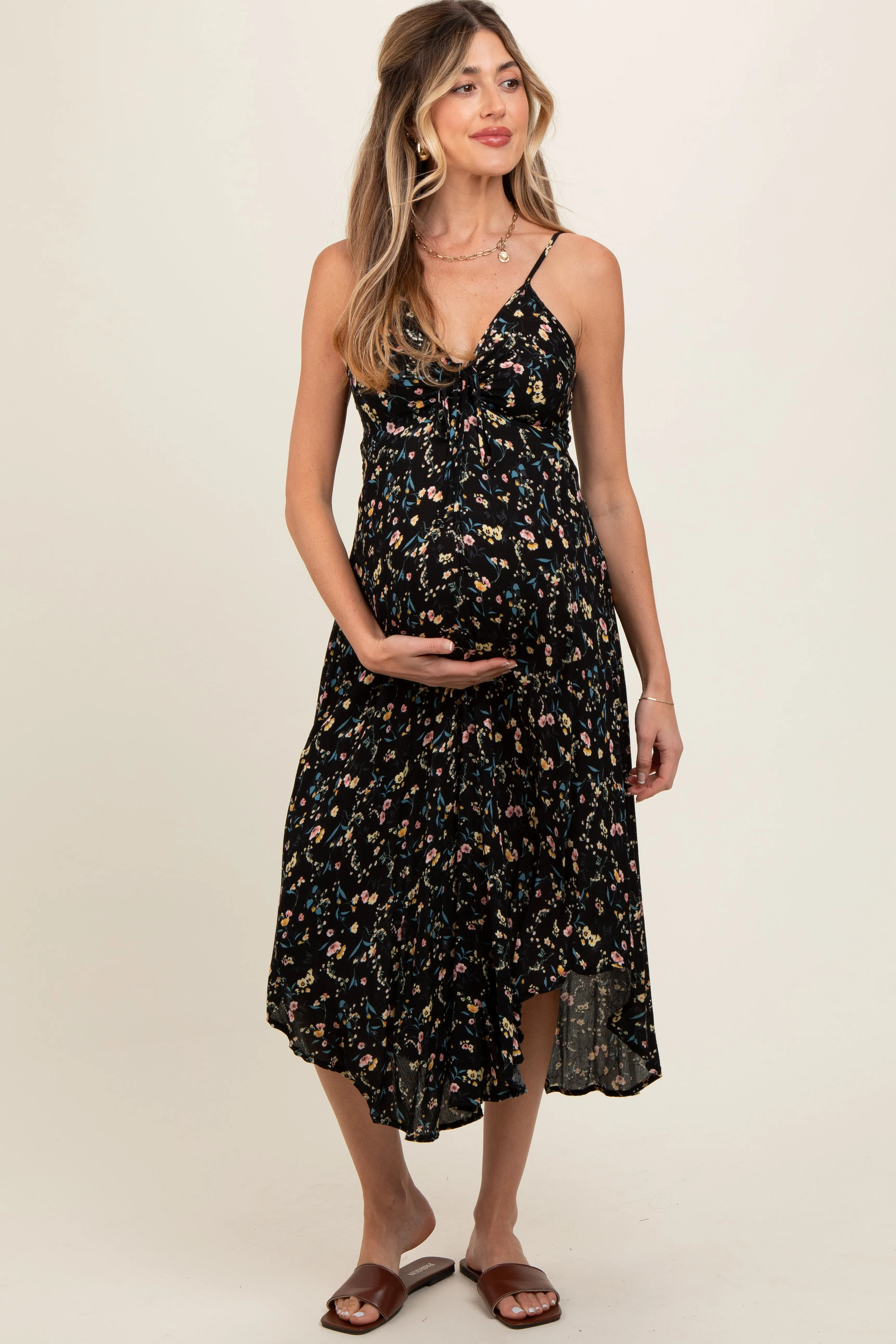 Black Floral Cinched Tie Bust Maternity Midi Dress sold by Pinkblush