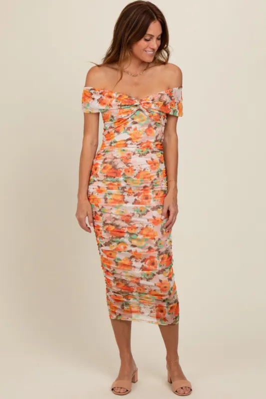 Orange Floral Off Shoulder Ruched Midi Dress sold by Pinkblush