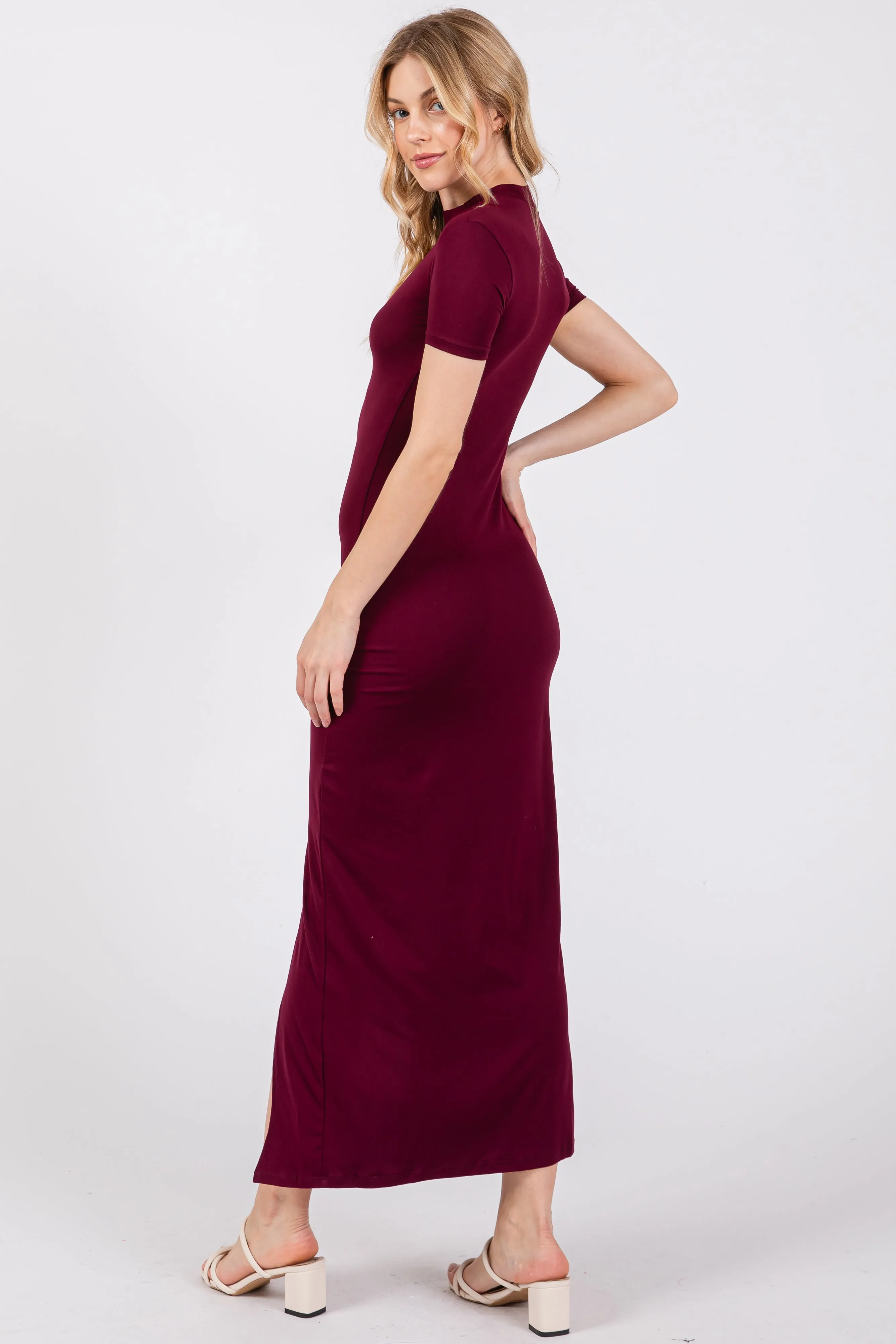Burgundy Mock Neck Front Slit Short Sleeve Maxi Dress sold by Pinkblush product image thumbnail 3