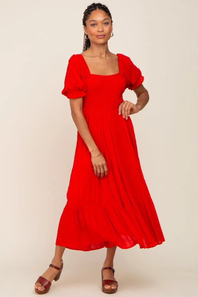 Red Swiss Dot Puff Sleeve Smocked Midi Dress sold by Pinkblush product image thumbnail 4