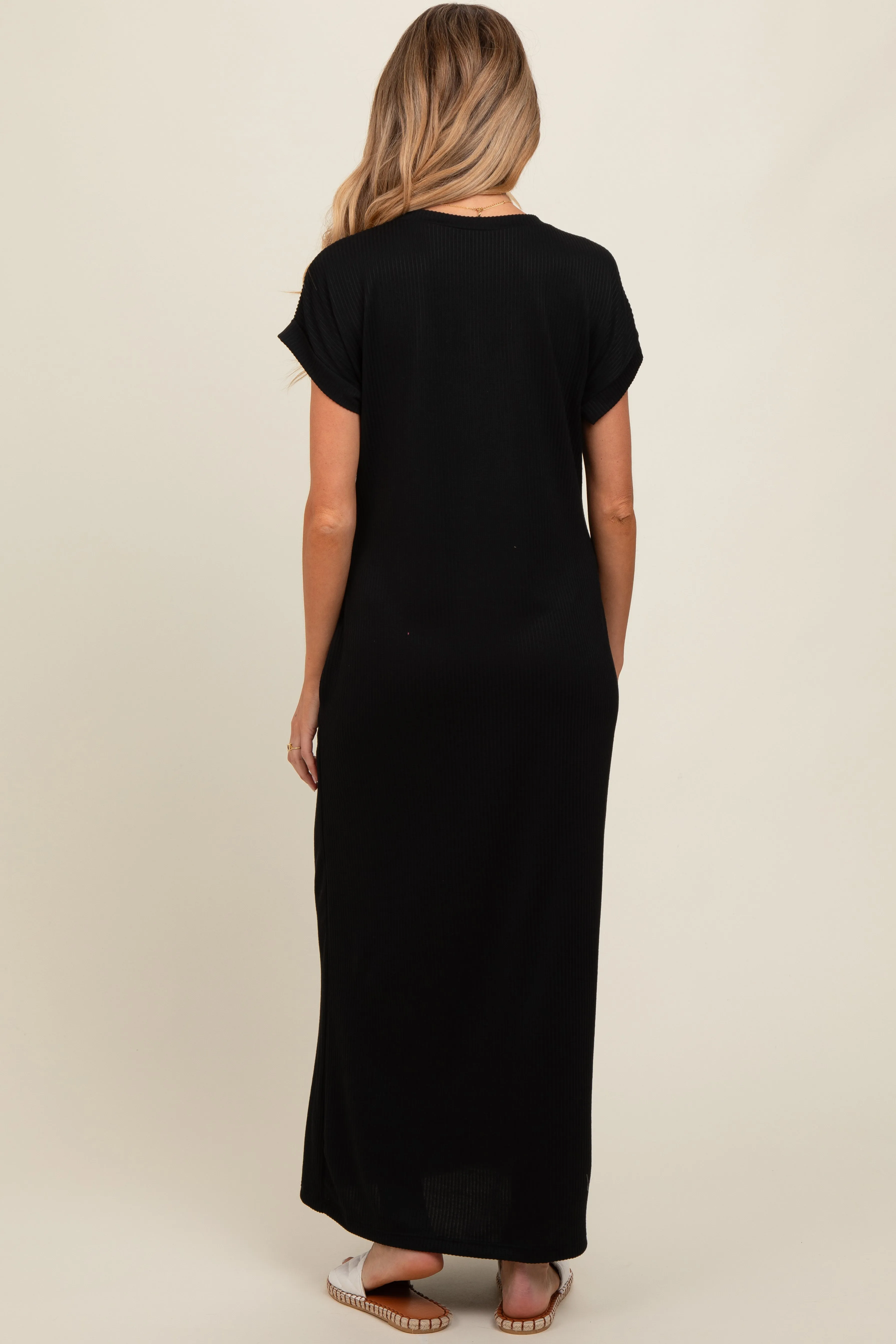 Black Ribbed V-Neck Maternity Midi Dress sold by Pinkblush product image thumbnail 4