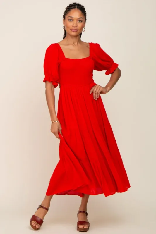 Red Swiss Dot Puff Sleeve Smocked Midi Dress sold by Pinkblush